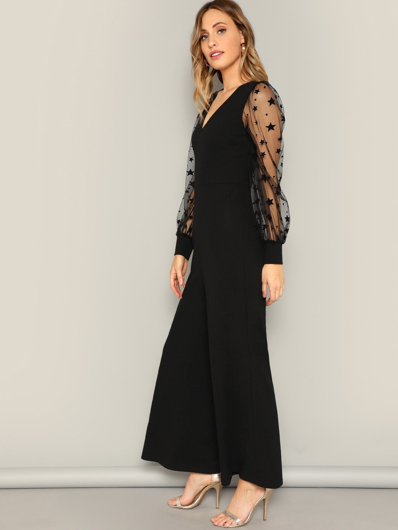 Modely Contrast Star Mesh Sleeve Wide Leg Jumpsuit