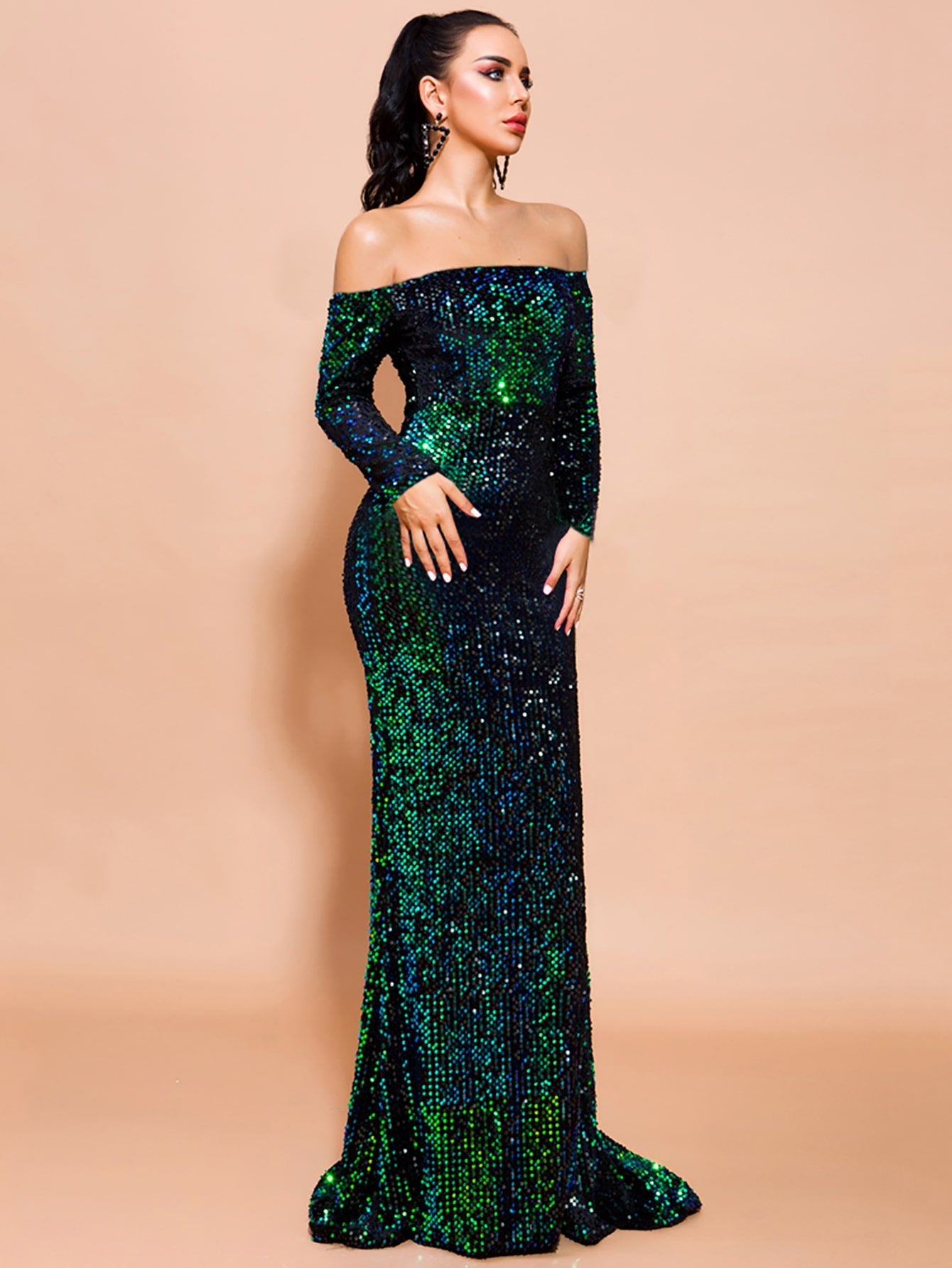 Missord Off Shoulder Iridescent Sequin Fishtail Prom Dress