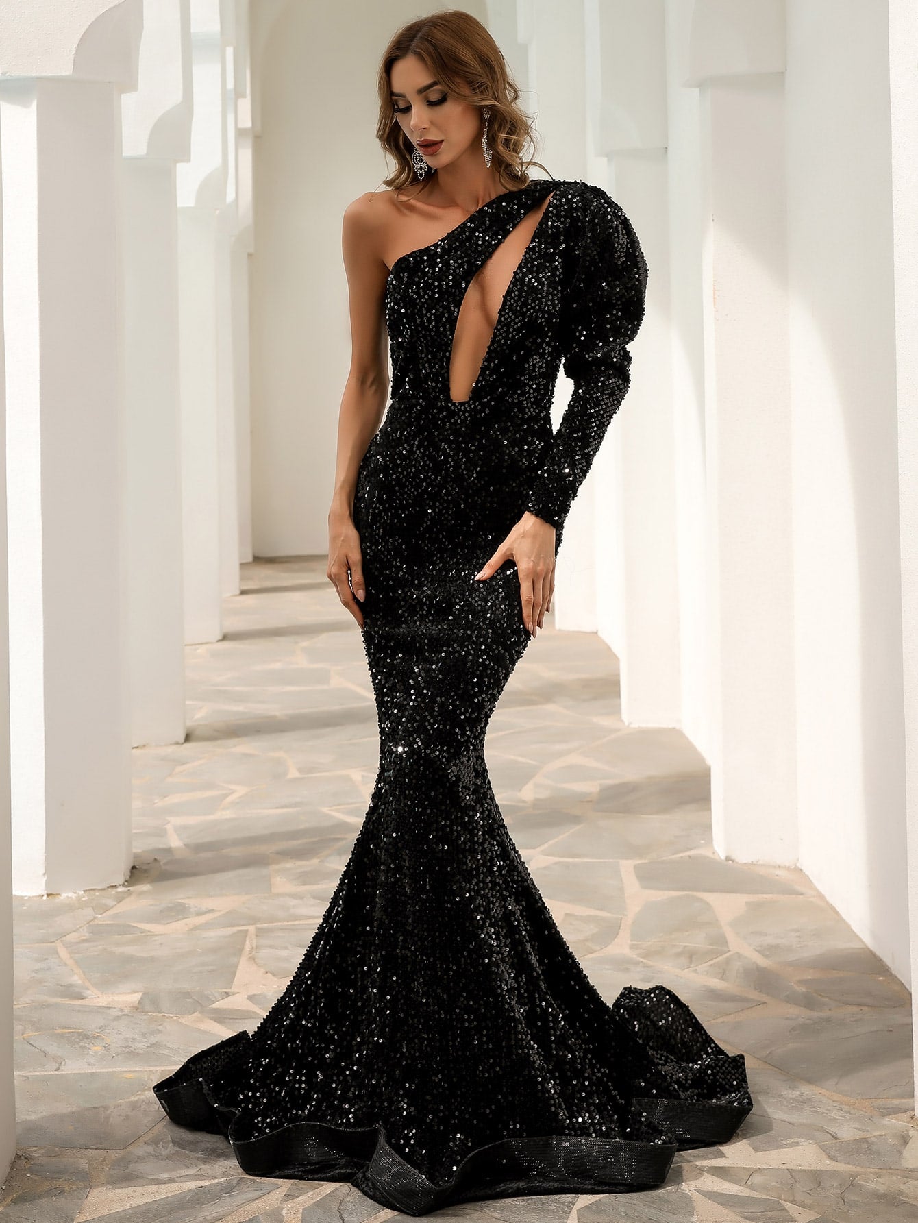 Missord One Shoulder Cut Out Mermaid Hem Sequin Prom Dress