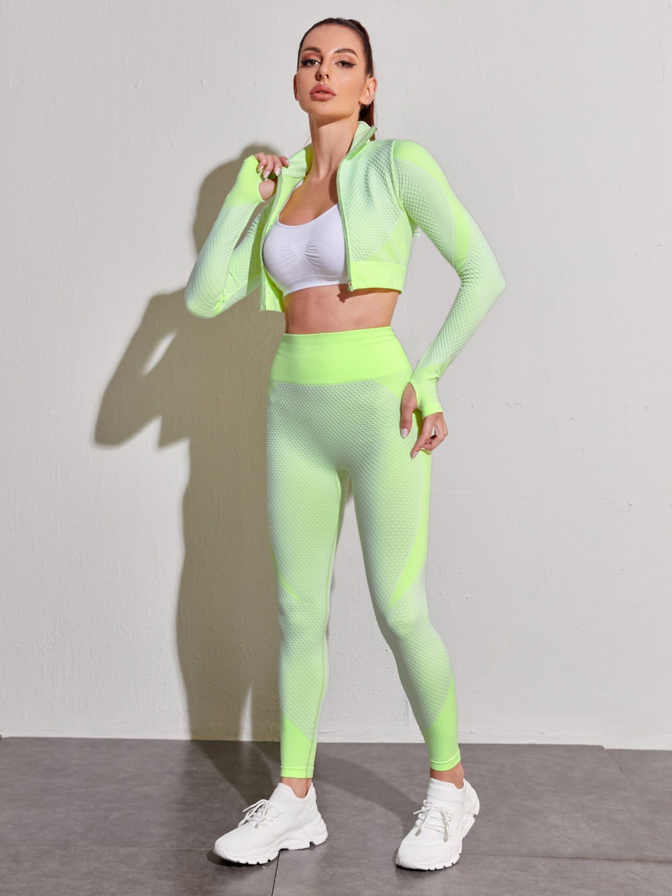 Yoga Basic Textured Zip Up Crop Jacket & Leggings Sports Set