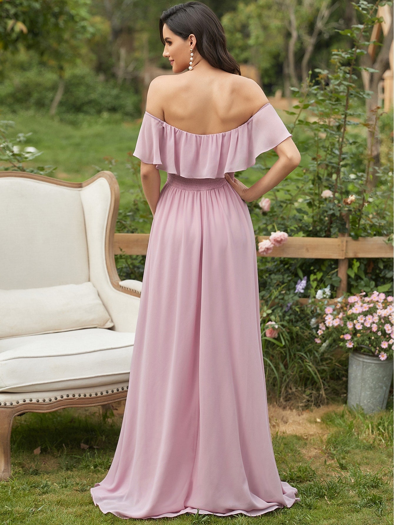 EVER-PRETTY Ruffle Off Shoulder Split Prom Dress