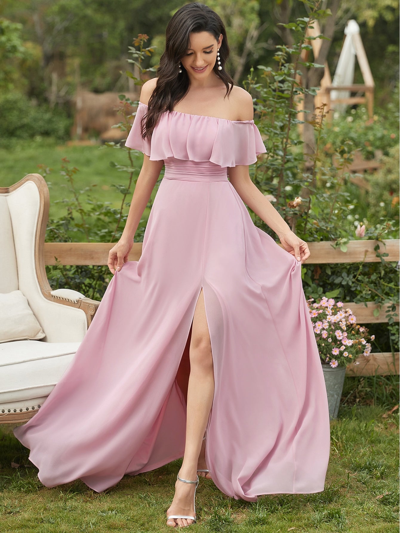 EVER-PRETTY Ruffle Off Shoulder Split Prom Dress