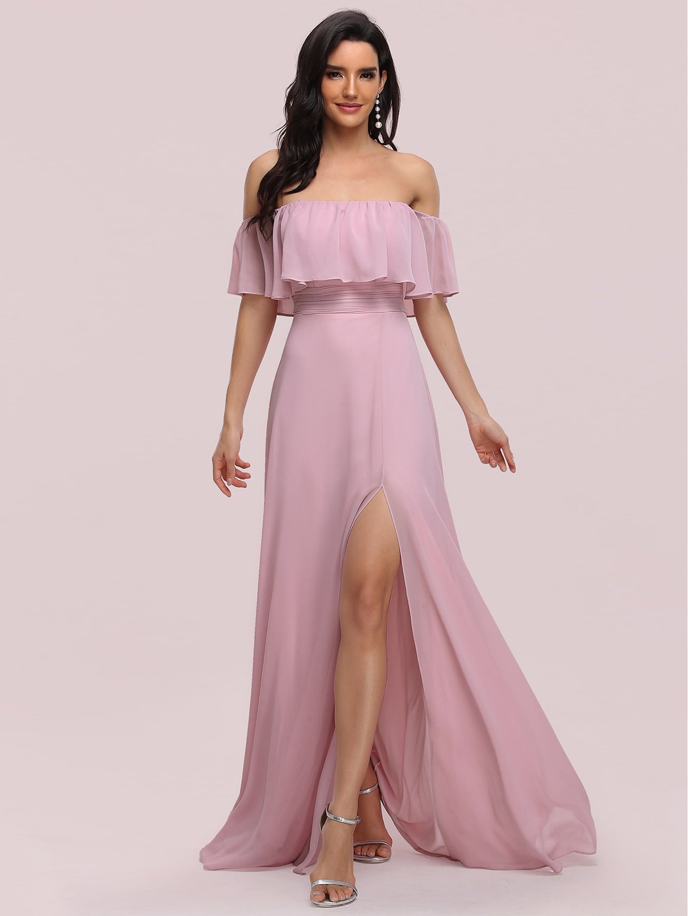 EVER-PRETTY Ruffle Off Shoulder Split Prom Dress