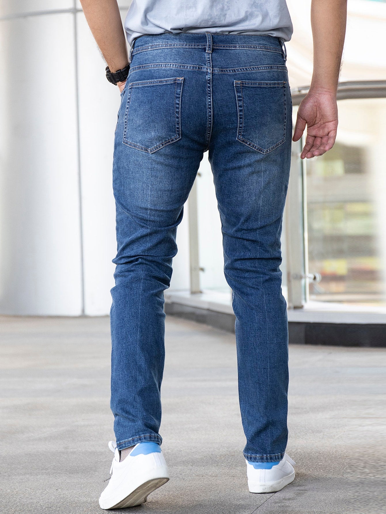 Men Slant Pocket Bleach Wash Jeans