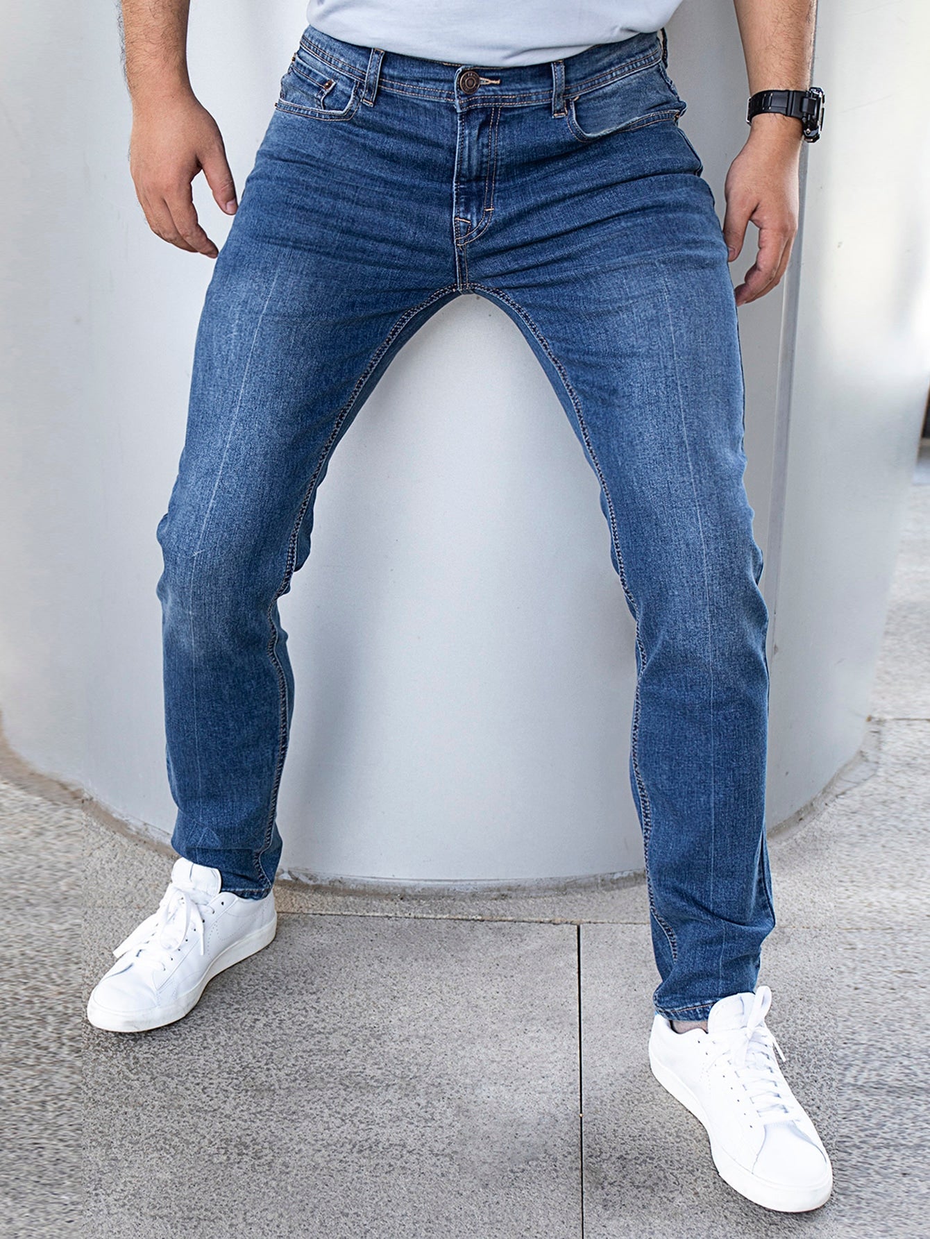 Men Slant Pocket Bleach Wash Jeans