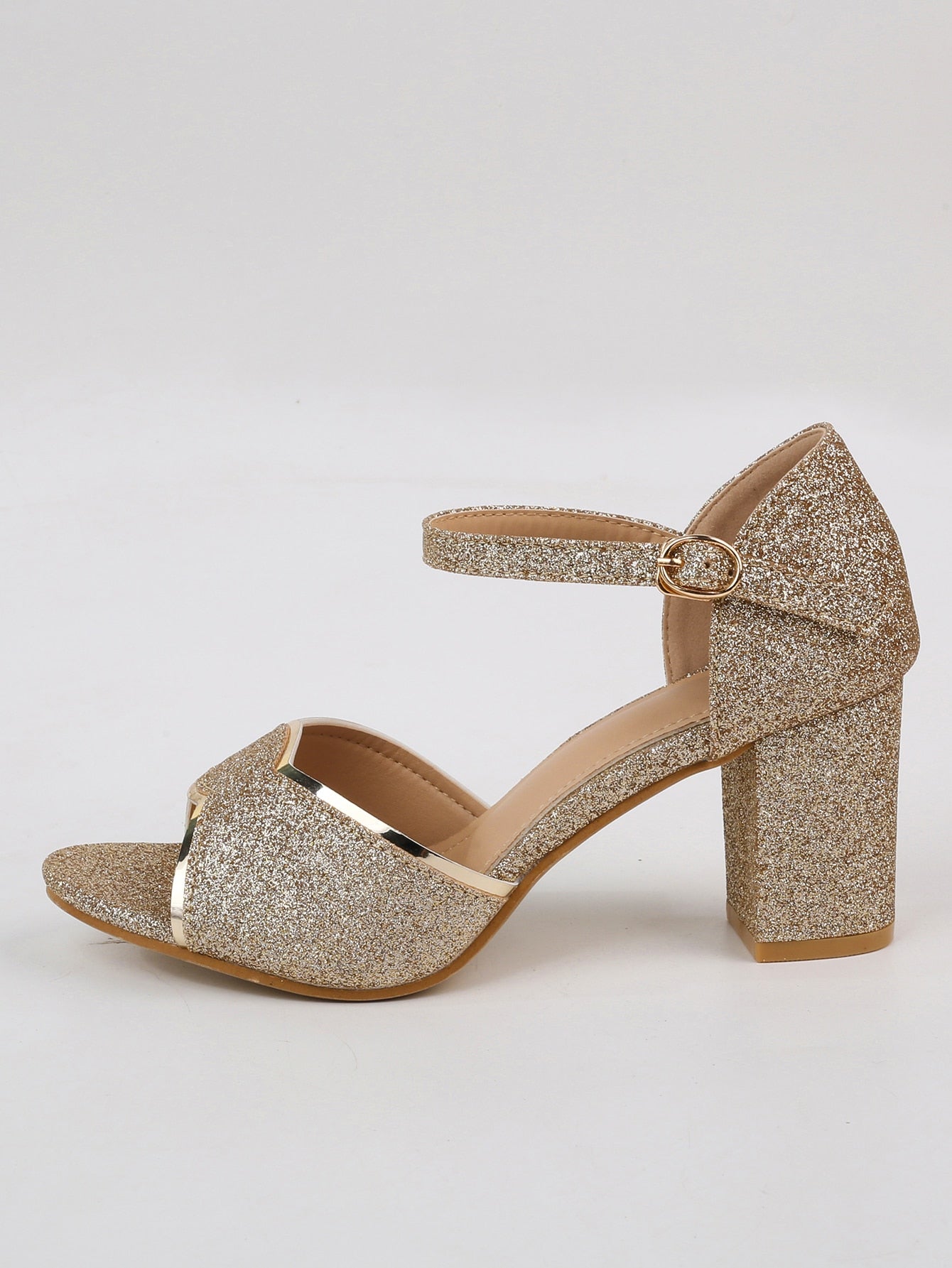 Women Ankle Strap Sandals, Glitter Chunky Heeled Glamorous Sandals Silver