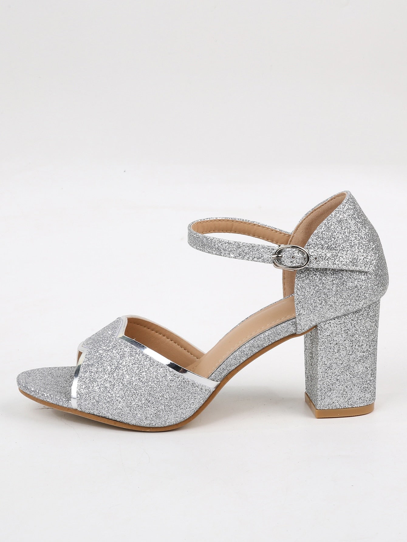 Women Ankle Strap Sandals, Glitter Chunky Heeled Glamorous Sandals Silver