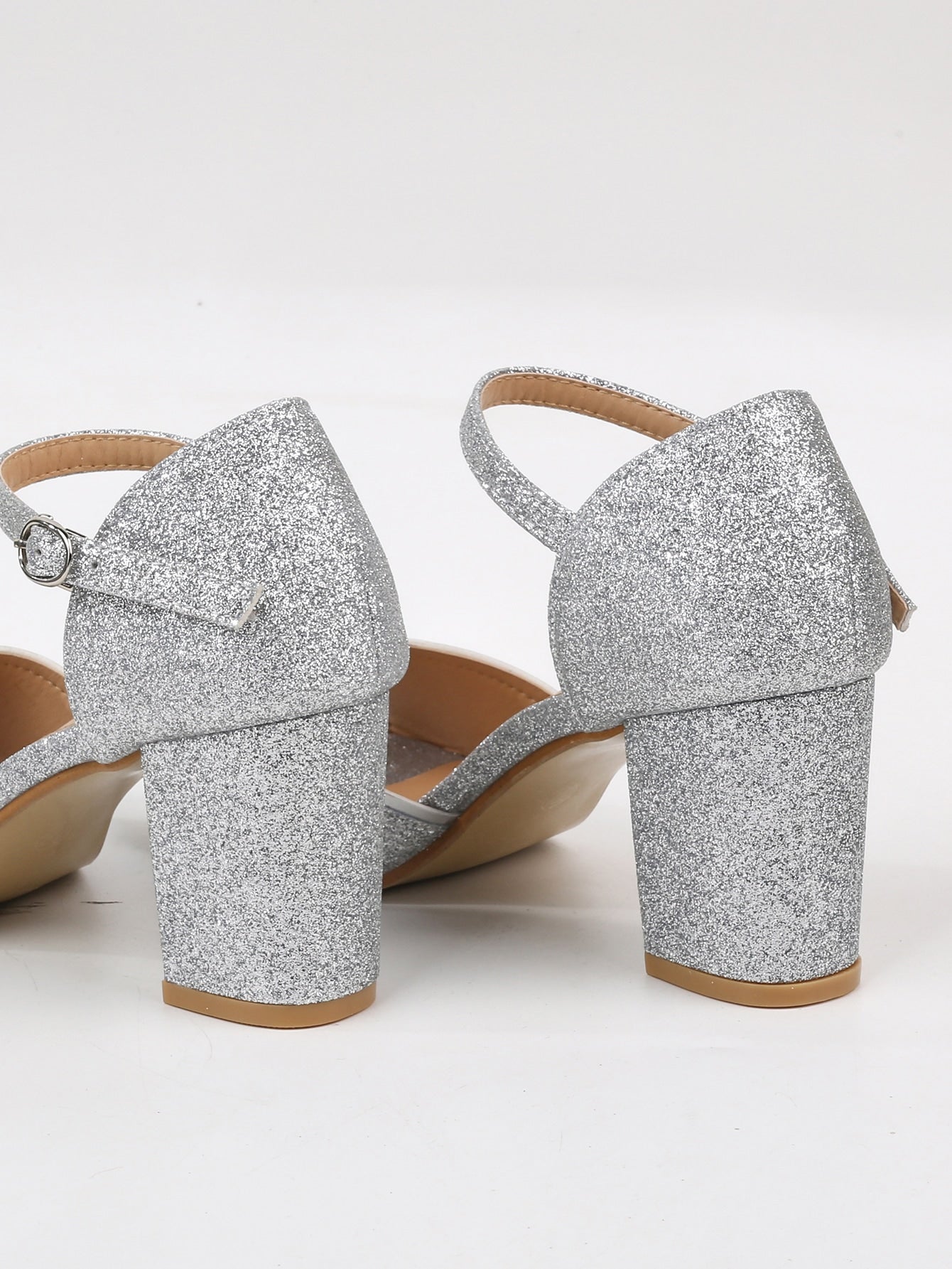 Women Ankle Strap Sandals, Glitter Chunky Heeled Glamorous Sandals Silver