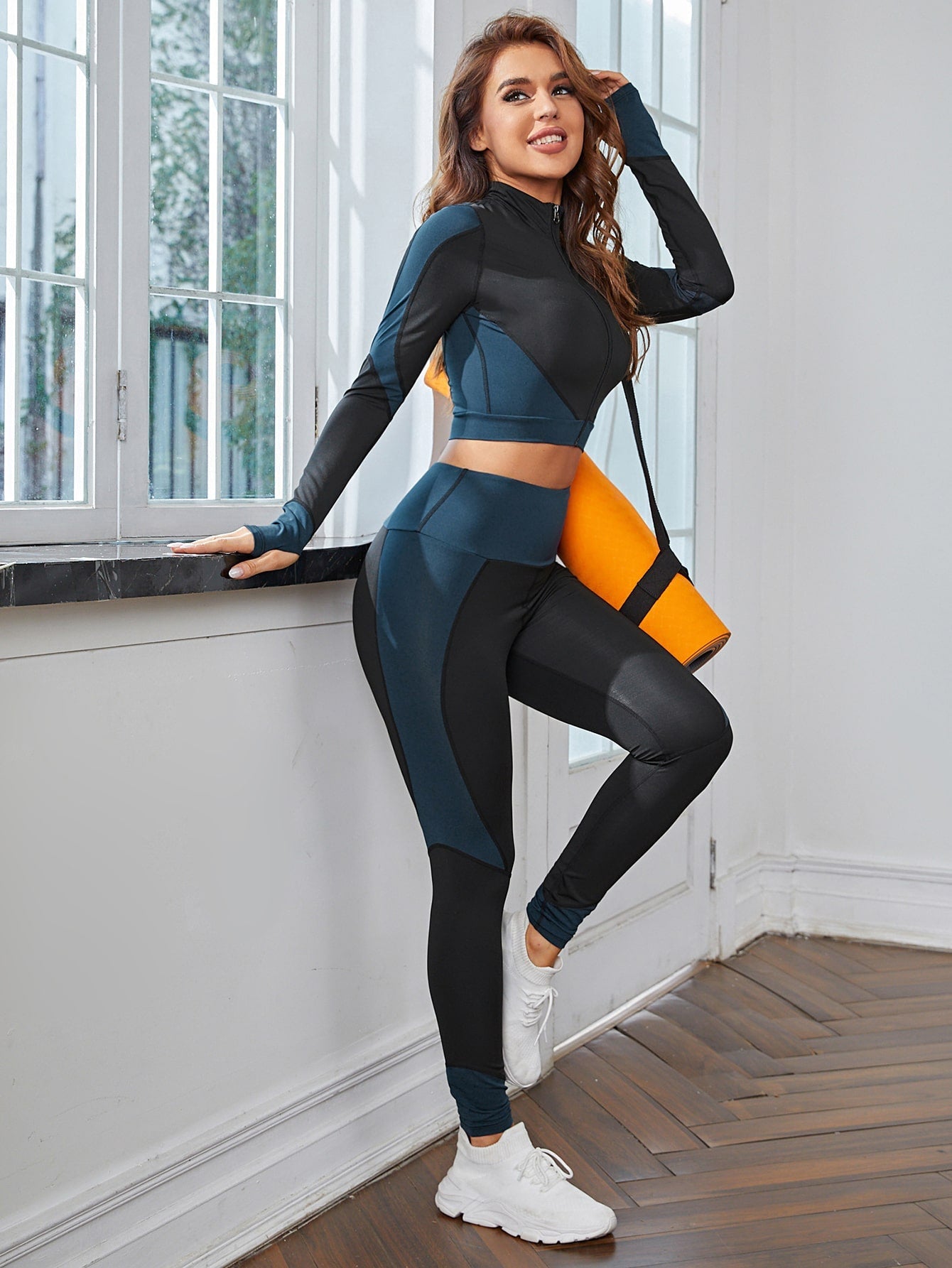 Yoga Basic 2pcs Contrast Panel Absorbs Sweat Breathable Yoga Suit Active Set Zipper Front Jacket & Wide Waistband Leggings