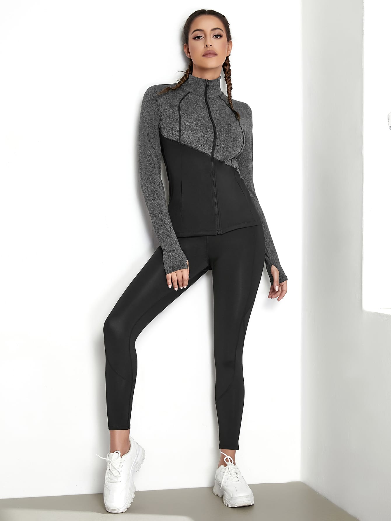 Yoga Basic 2pcs Breathable Colorblock Fitness Yoga Suit Tracksuit Gym Set Mock Neck Jacket & Leggings