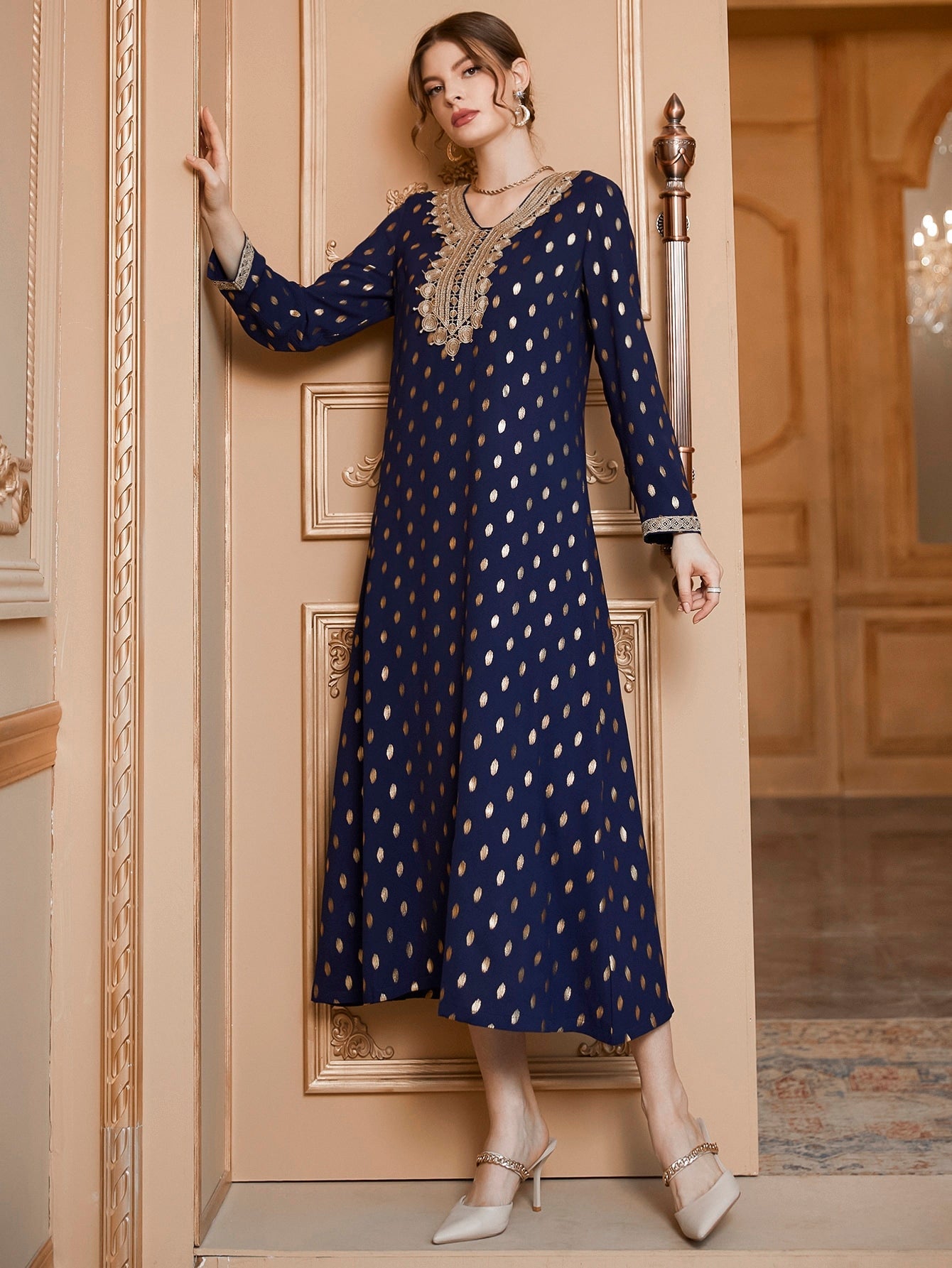 Najma Gold Dot Print Appliques Kaftan