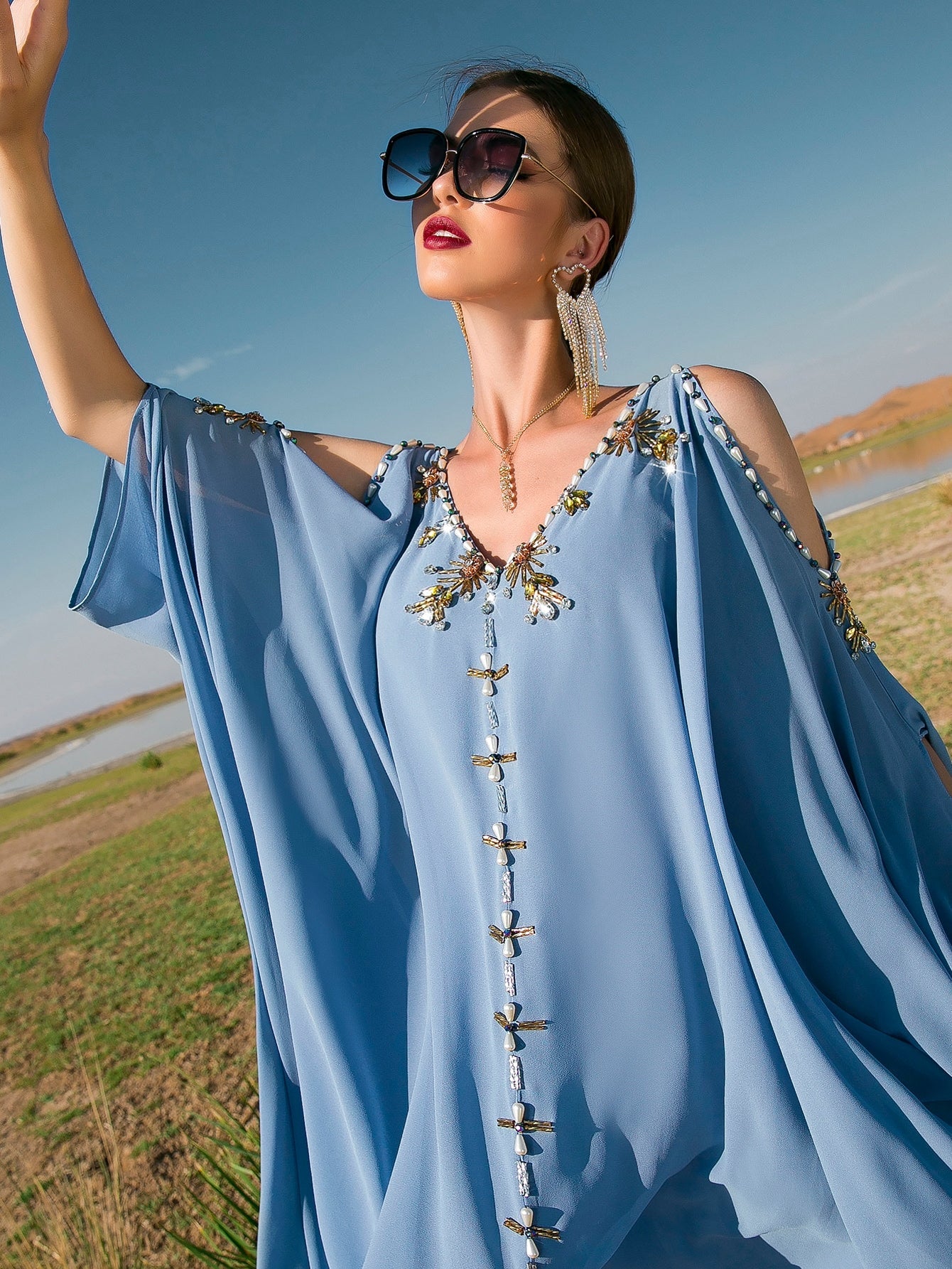 Najma Rhinestone Beaded Cold Shoulder Dolman Sleeve Belted Kaftan