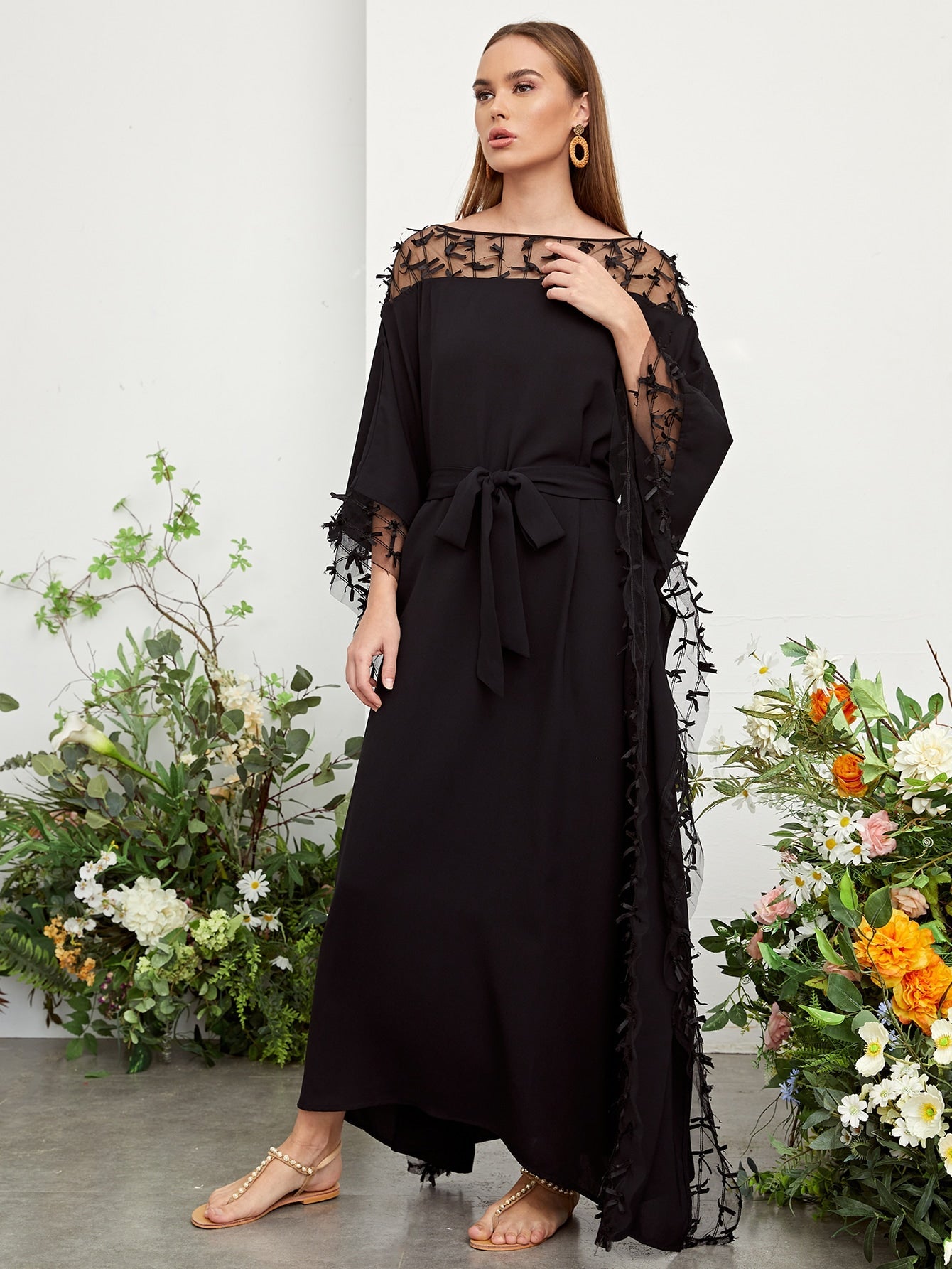 Najma Solid Sheer Contrast Mesh Applique Kaftan Dress