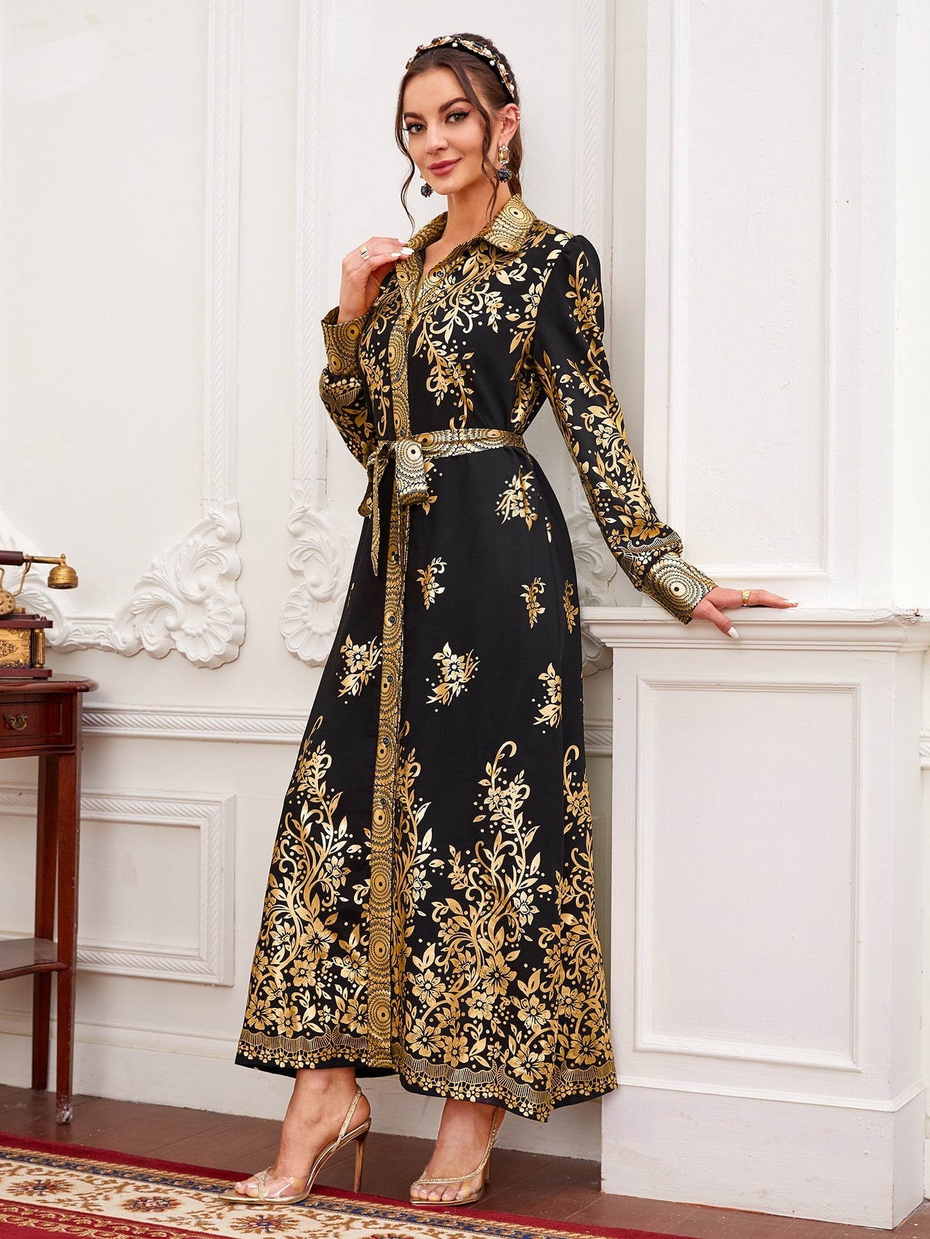 Najma Gold Floral Print Belted Kaftan