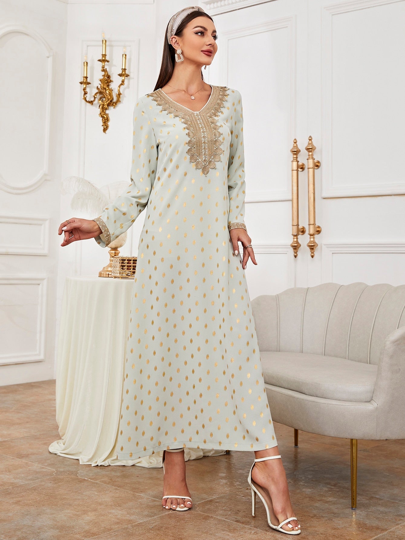 Najma Gold Dot Print Appliques Kaftan