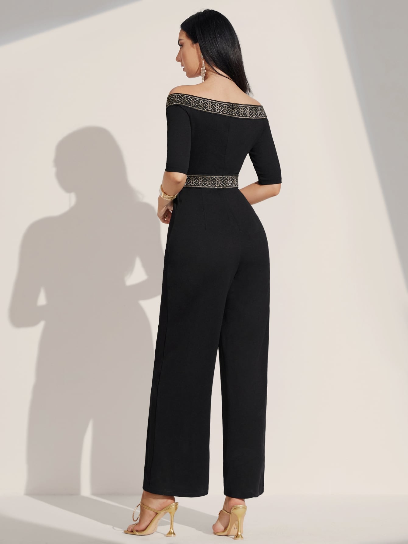 BIZwear Off Shoulder Contrast Tape Jumpsuit Workwear