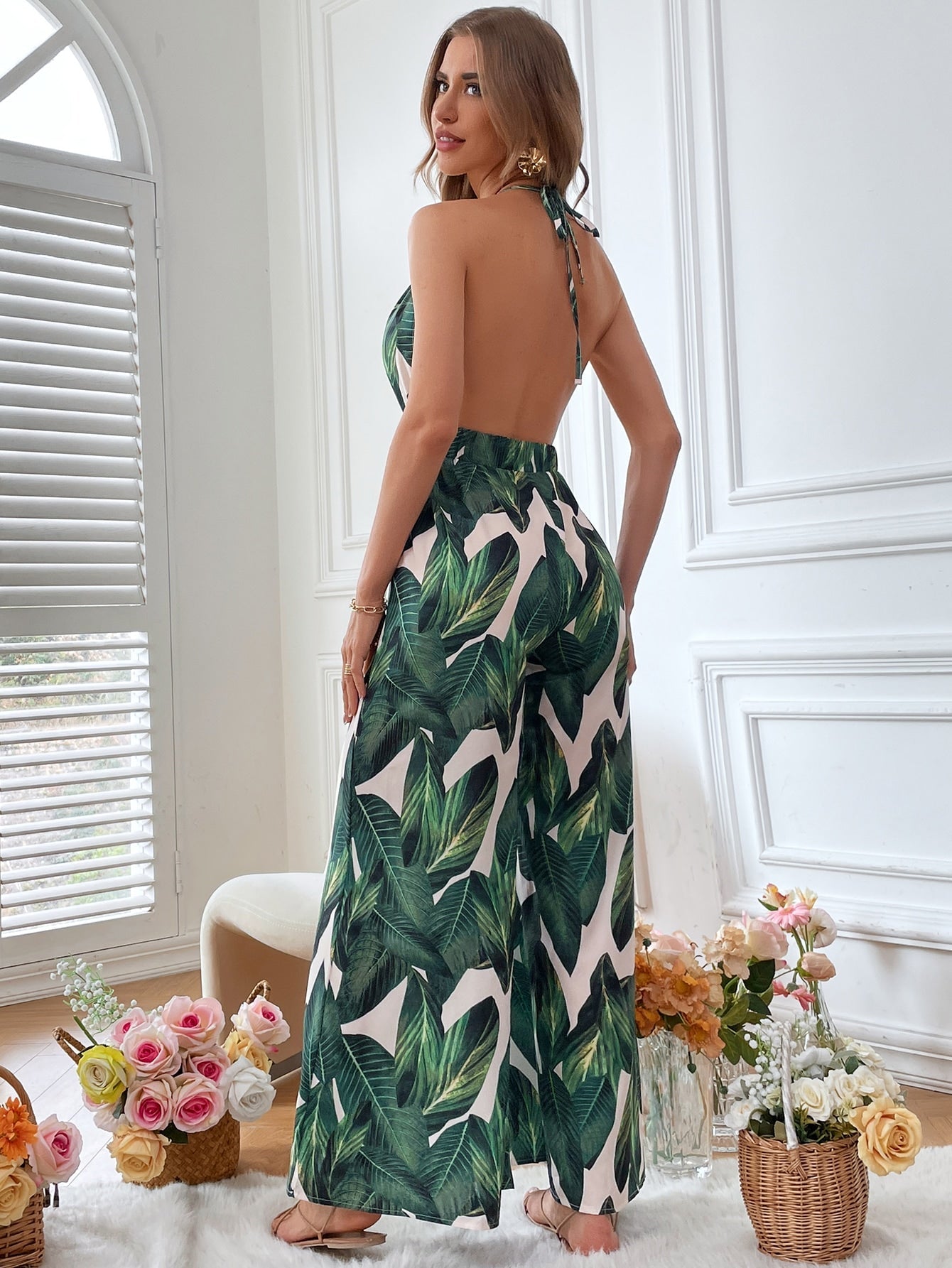 VCAY Tropical Print Halter Neck Backless Wide Leg Jumpsuit