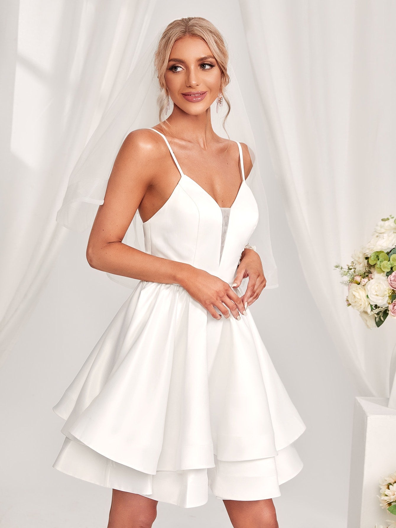 Mesh Insert Backless Layered Hem Satin Cami Wedding Dress