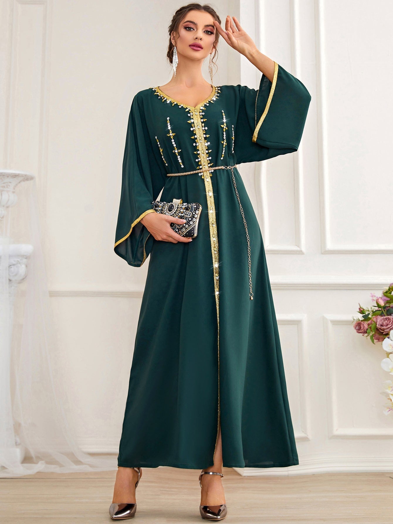 Najma Rhinestone Embroidered Trim Slit Hem Belted Kaftan