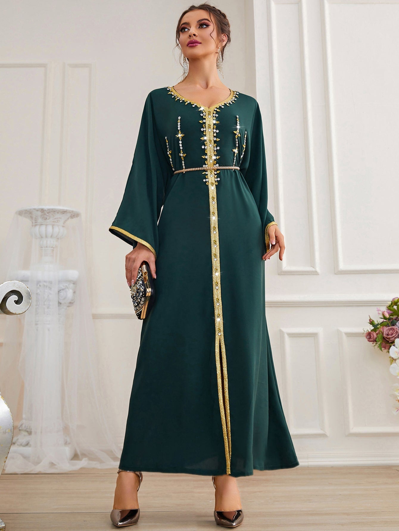 Najma Rhinestone Embroidered Trim Slit Hem Belted Kaftan