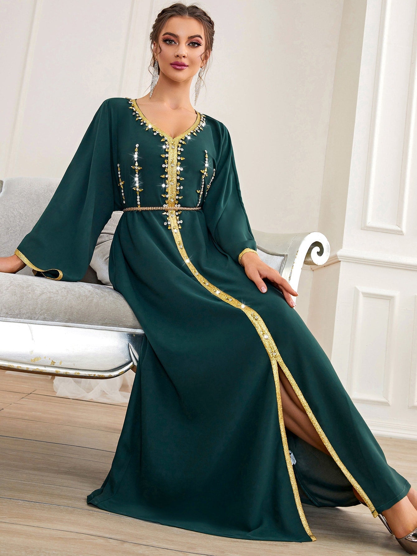 Najma Rhinestone Embroidered Trim Slit Hem Belted Kaftan