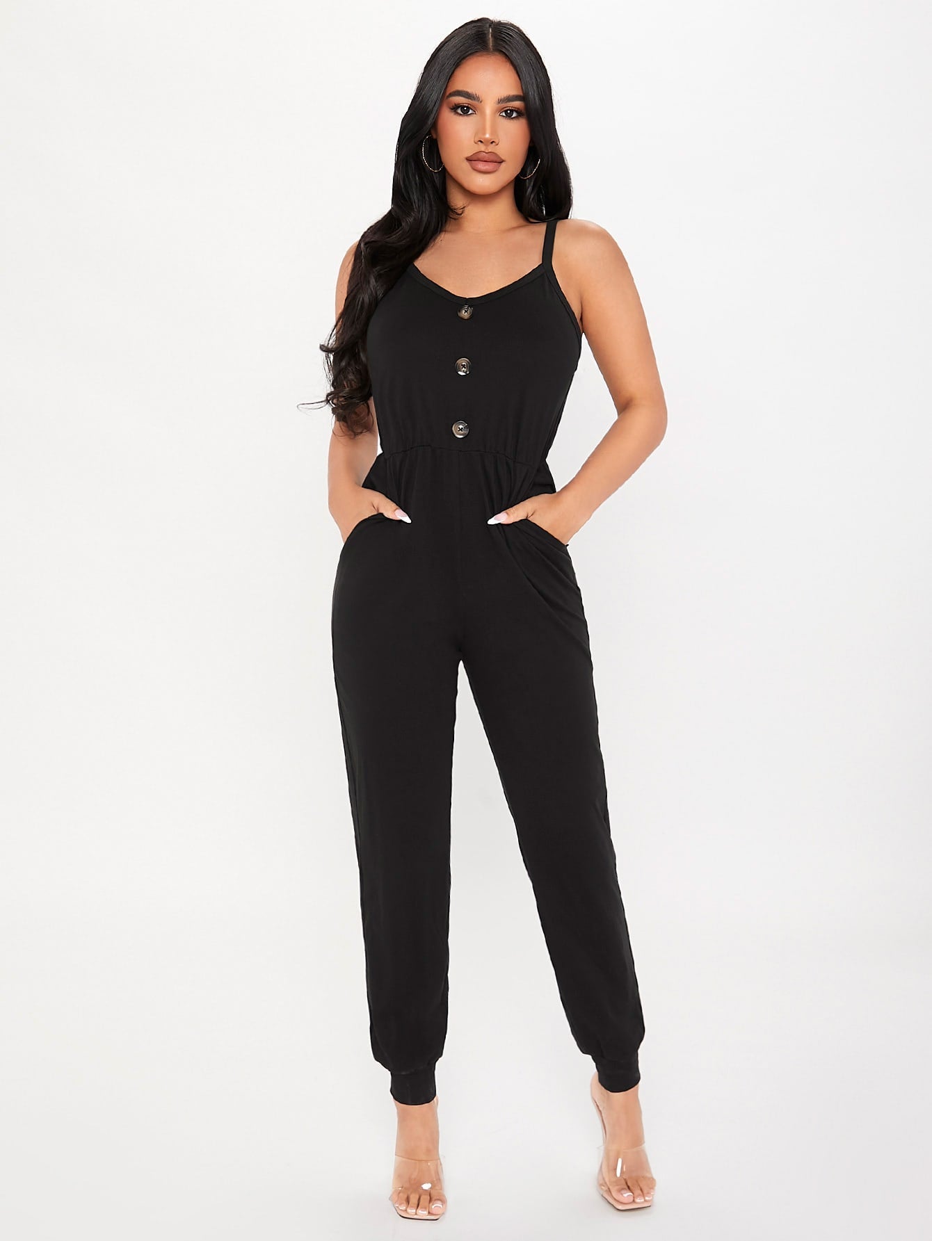 PETITE Hidden Pocket Fake Button Cami Jumpsuit