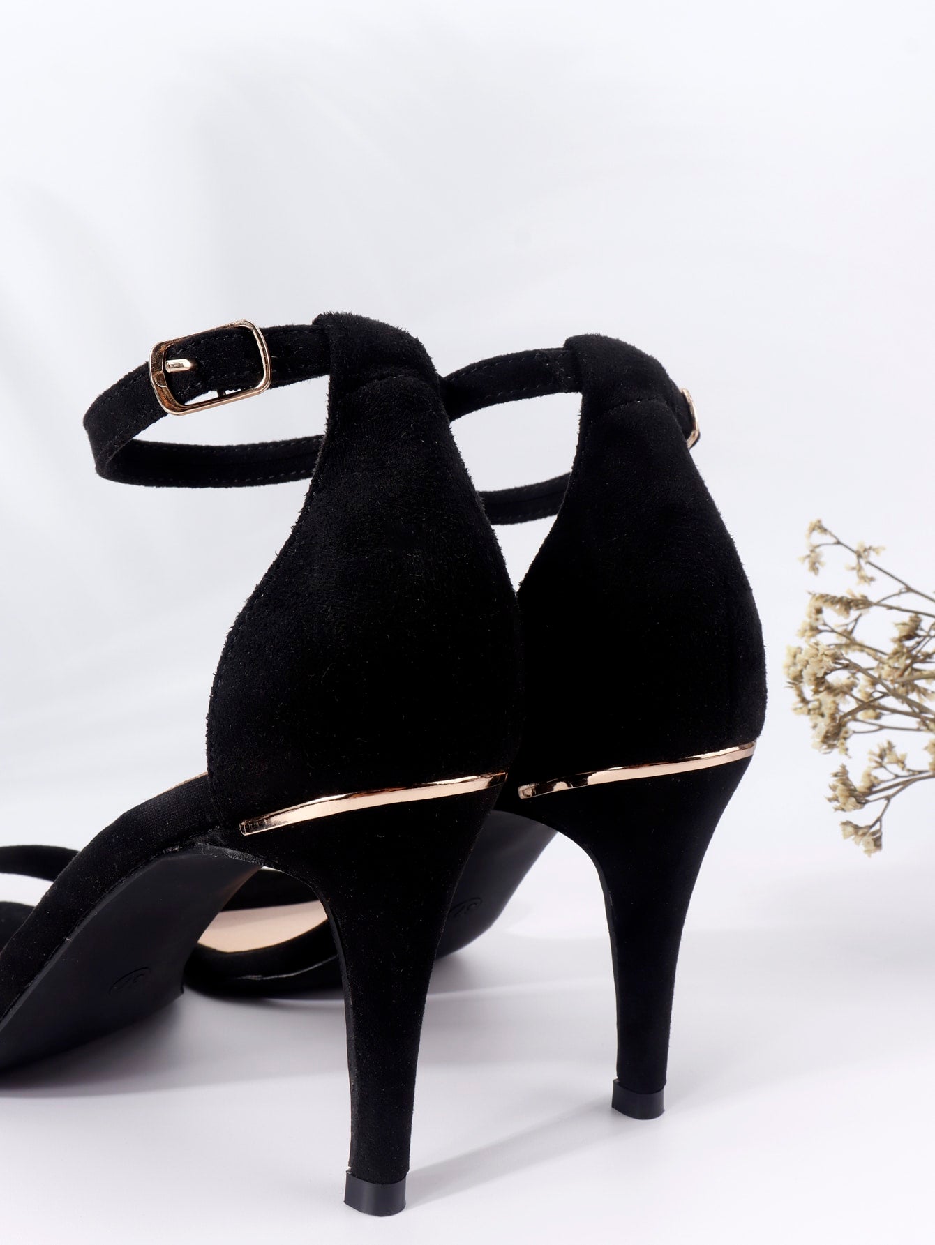 Women Minimalist Stiletto Heeled Ankle Strap Sandals, Elegant Black Faux Suede Heeled Sandals