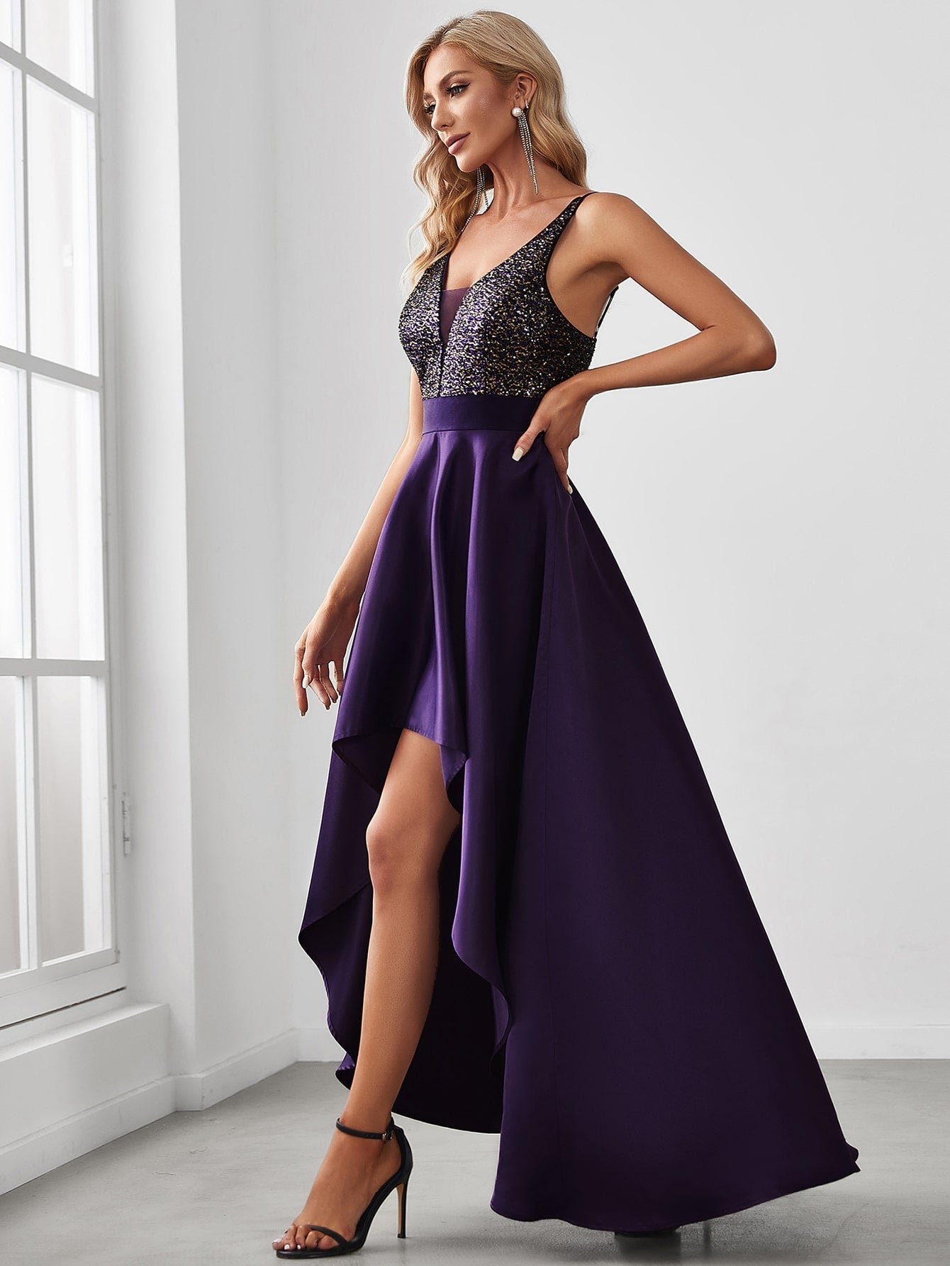 EVER-PRETTY Sequin Insert High Low Hem Chiffon Formal Dress