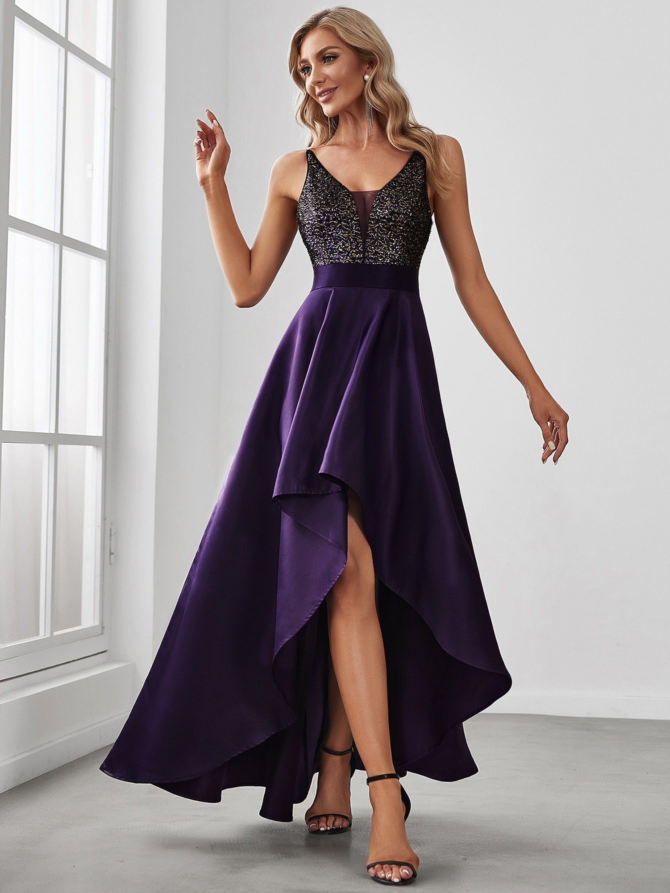 EVER-PRETTY Sequin Insert High Low Hem Chiffon Formal Dress