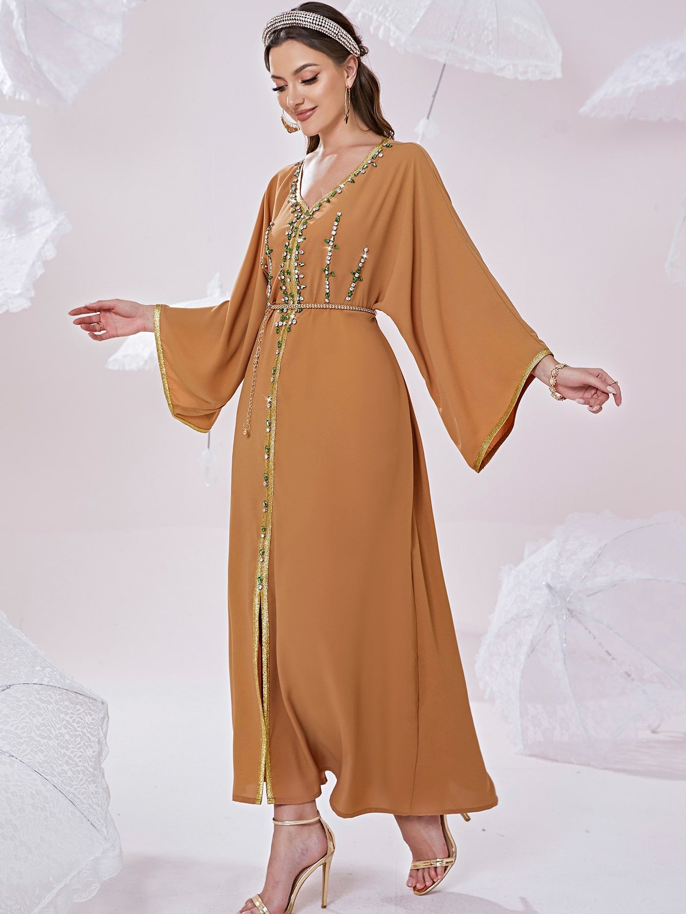 Najma Rhinestone Embroidered Trim Slit Hem Belted Kaftan