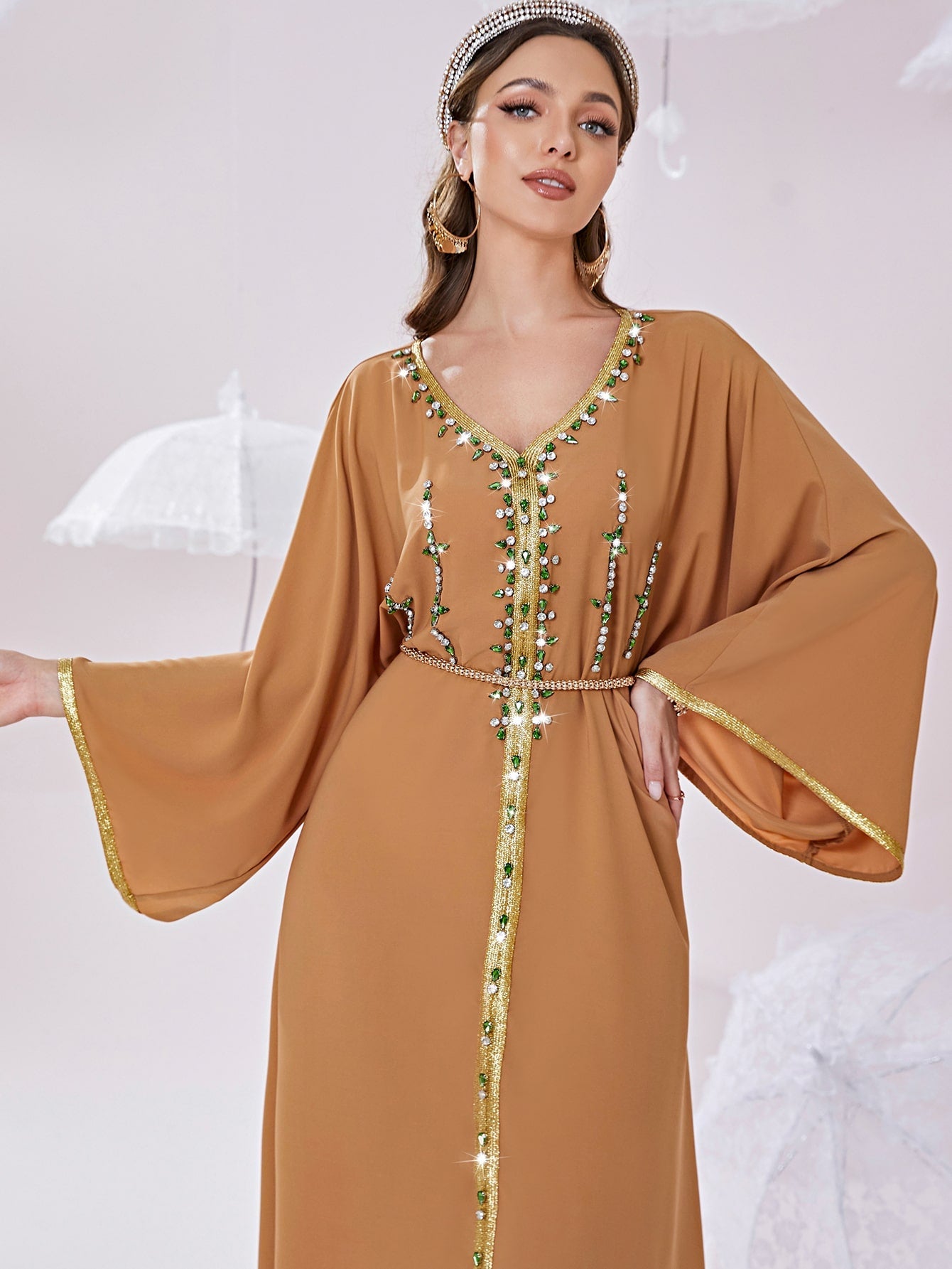 Najma Rhinestone Embroidered Trim Slit Hem Belted Kaftan