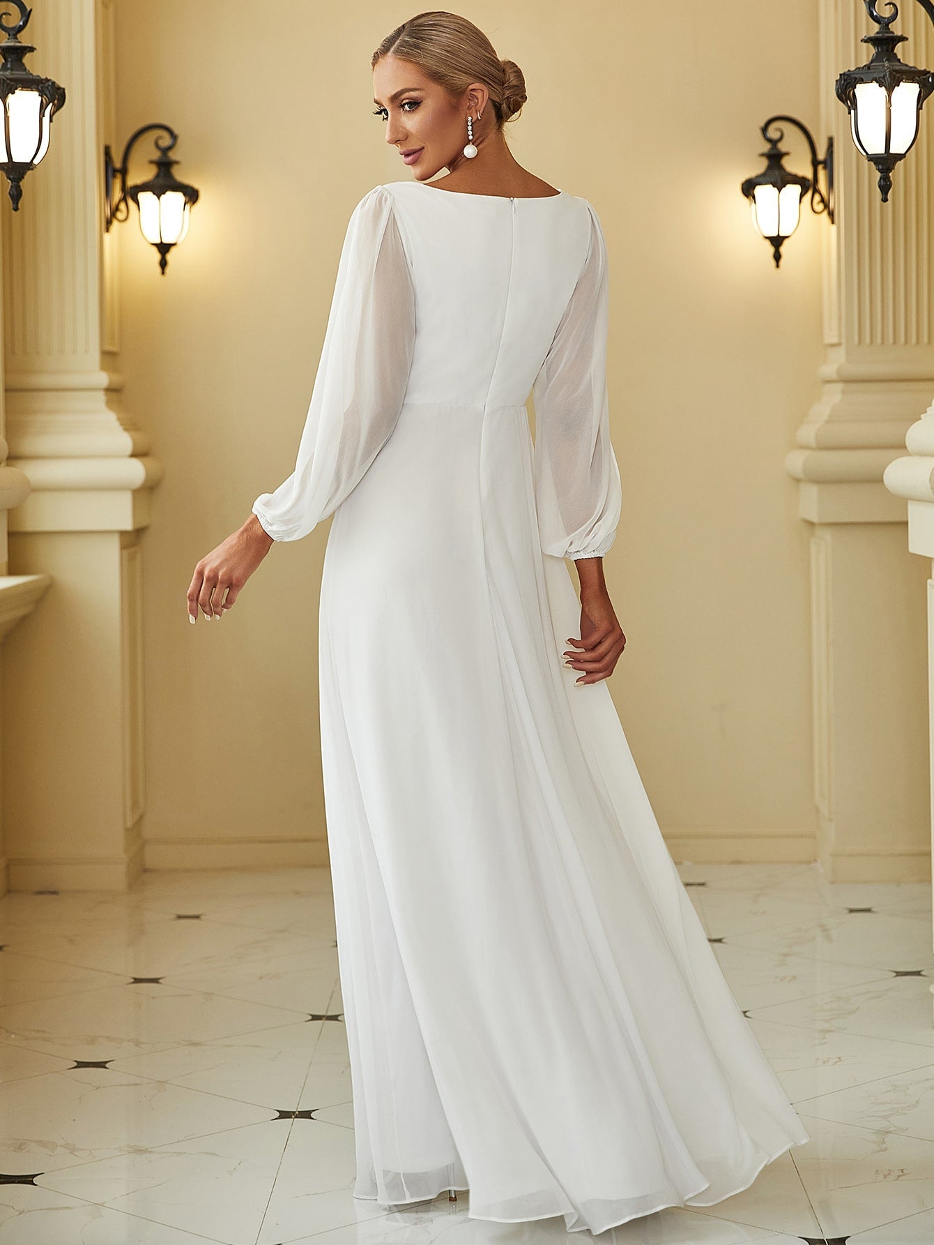 EVER-PRETTY Surplice Neck Split Lantern Sleeve Applique Detail Dress