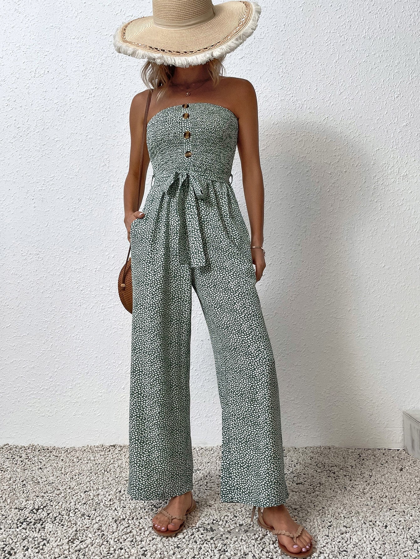 VCAY Allover Print Pocket Side Belted Tube Jumpsuit