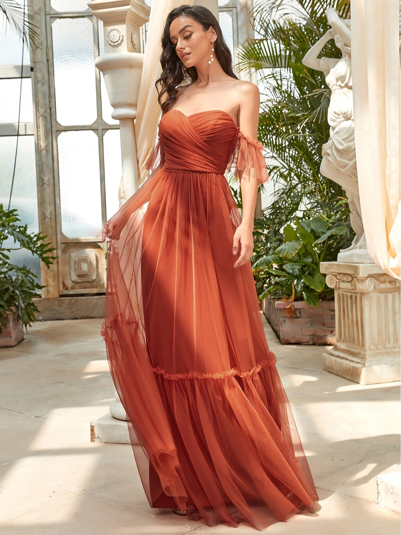 EVER-PRETTY Off Shoulder Frilled Ruffle Hem Mesh Bridesmaid Dress