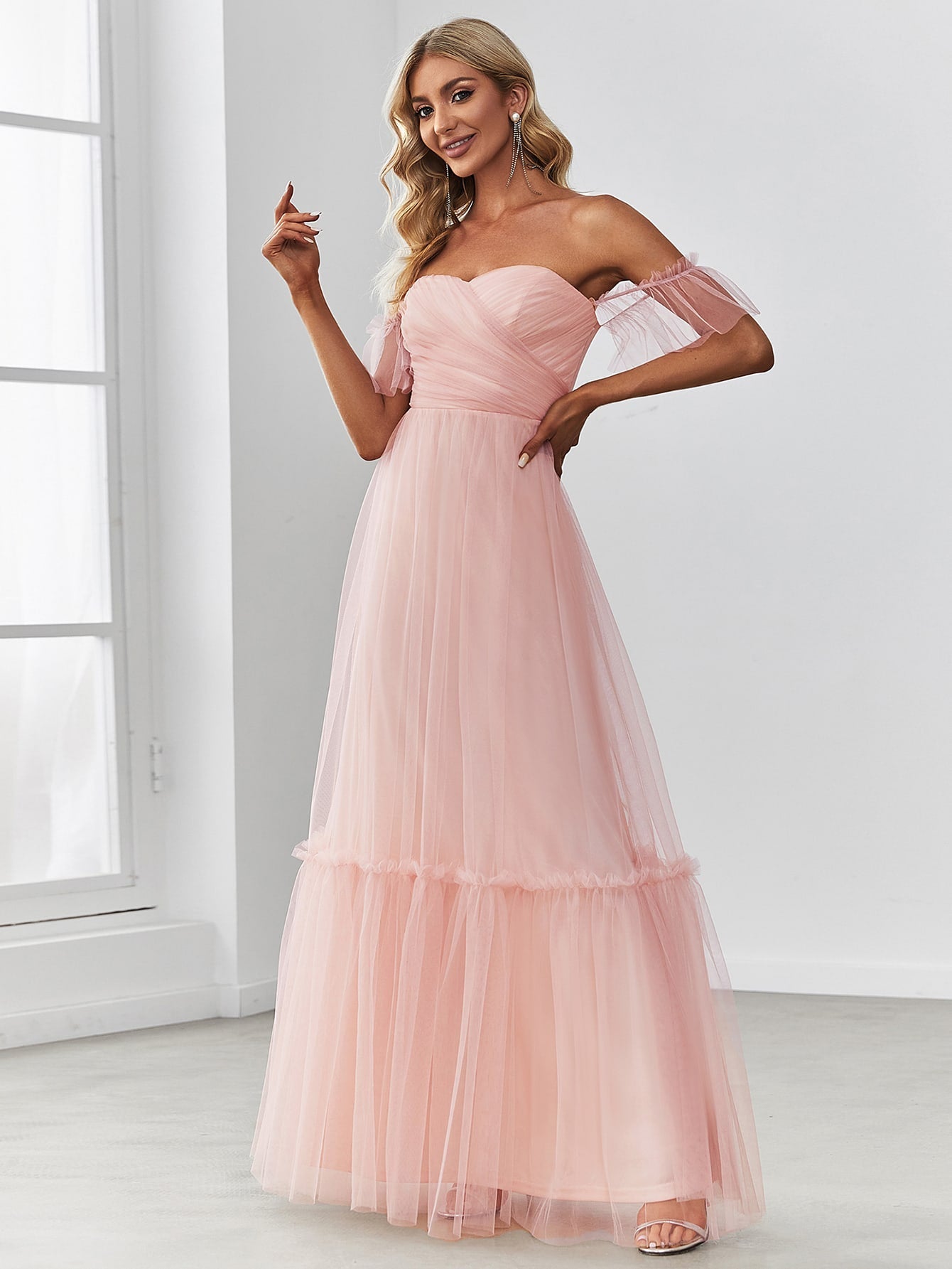 EVER-PRETTY Off Shoulder Frilled Ruffle Hem Mesh Bridesmaid Dress