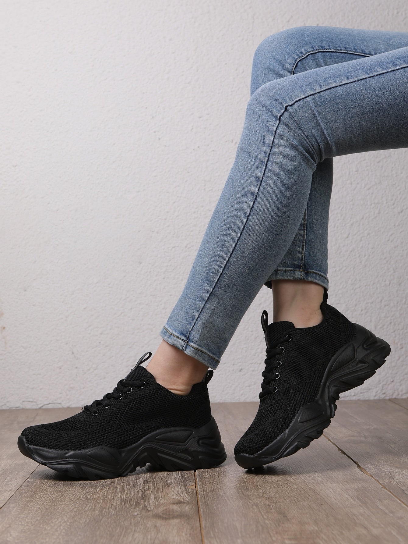 Women Minimalist Knit Detail Lace-Up Front Chunky Breathable Shoes