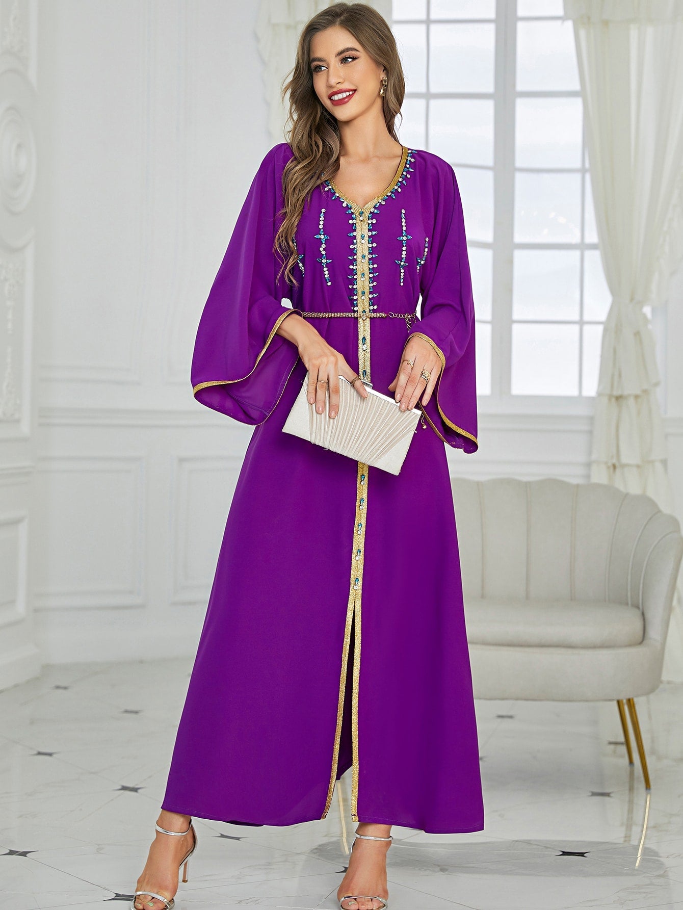 Najma Rhinestone Embroidered Trim Slit Hem Belted Kaftan