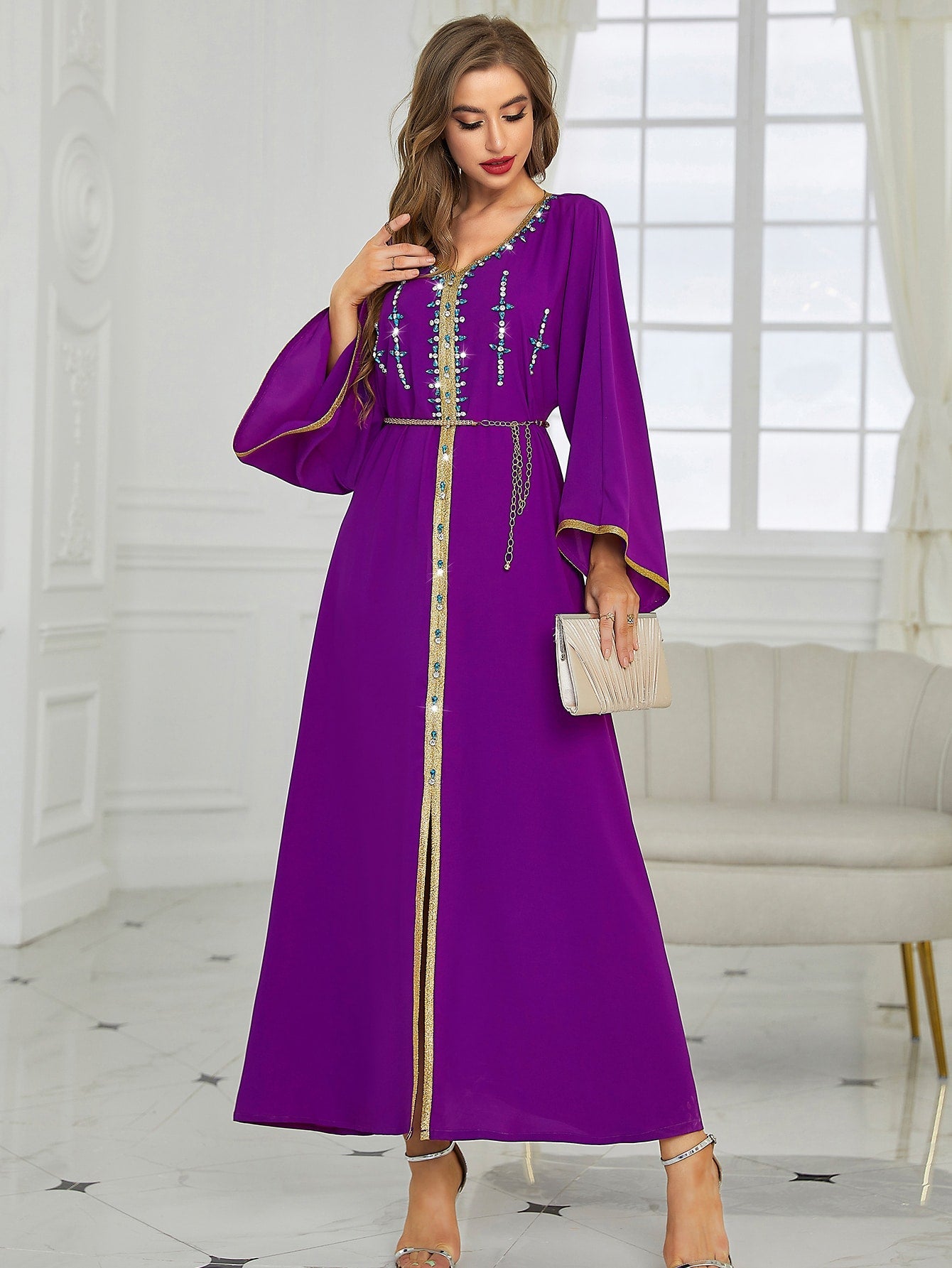 Najma Rhinestone Embroidered Trim Slit Hem Belted Kaftan