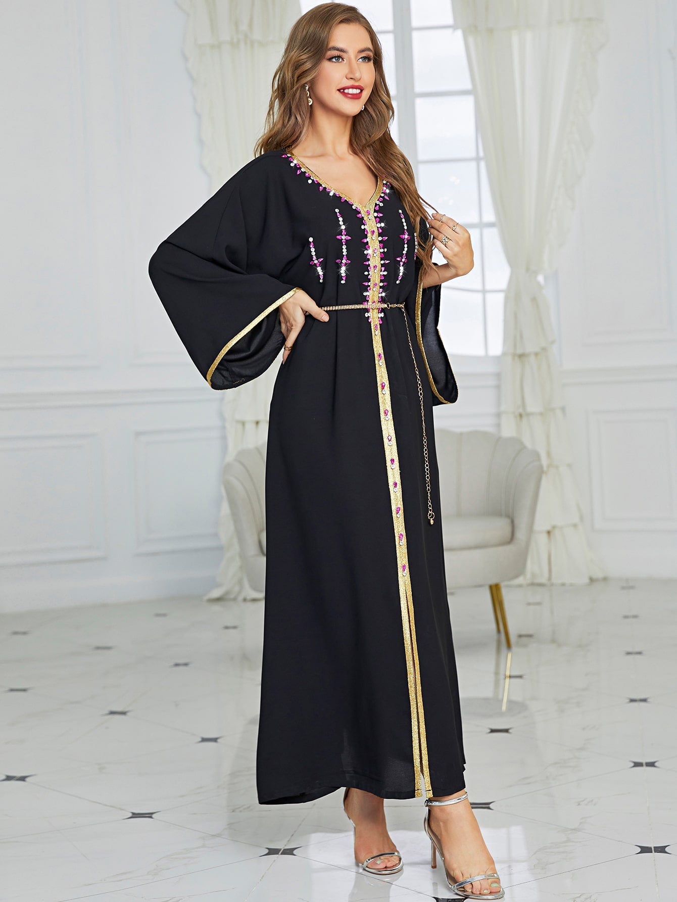 Najma Rhinestone Embroidered Trim Slit Hem Belted Kaftan