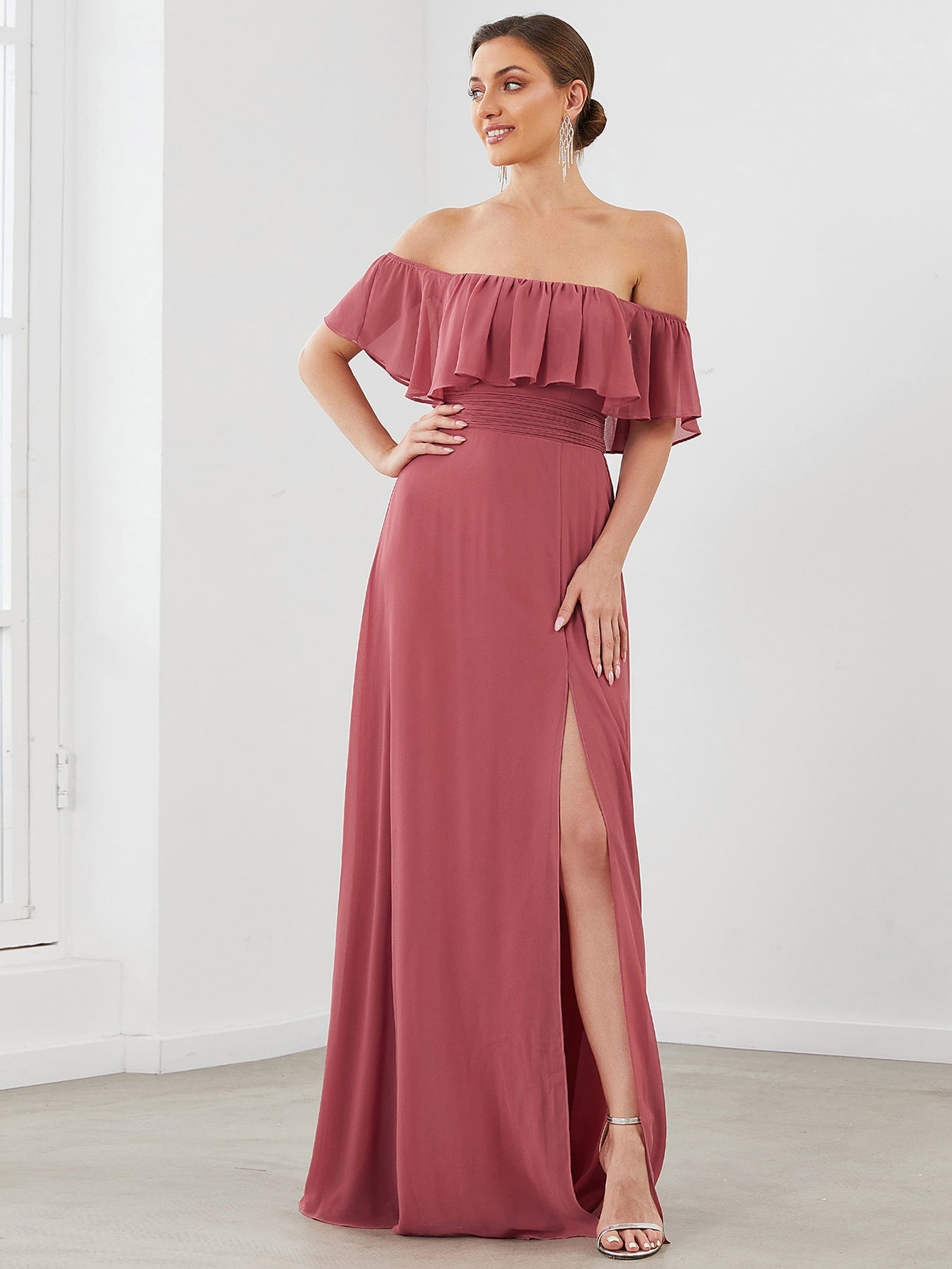 EVER-PRETTY Ruffle Off Shoulder Split Prom Dress