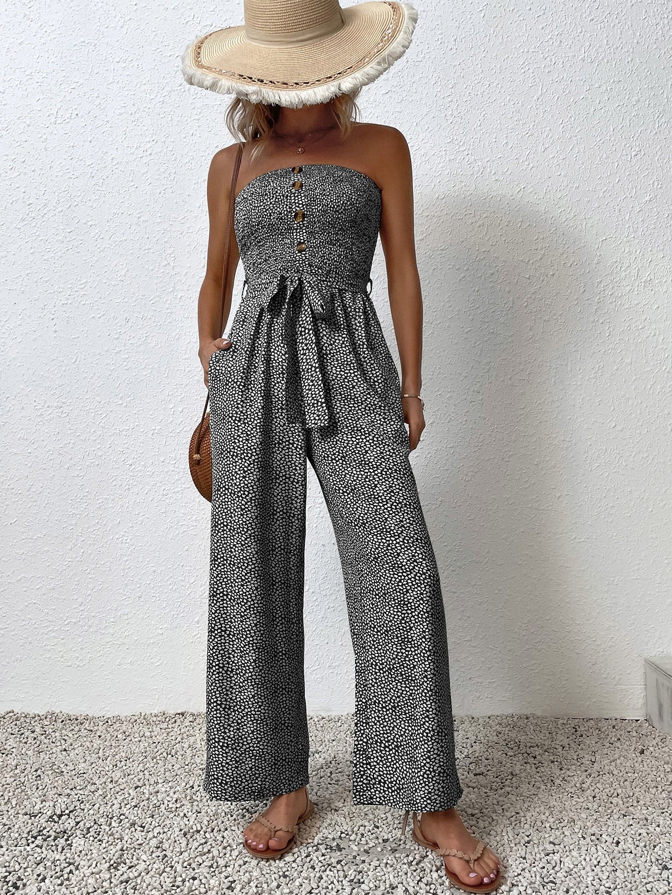 VCAY Allover Print Pocket Side Belted Tube Jumpsuit