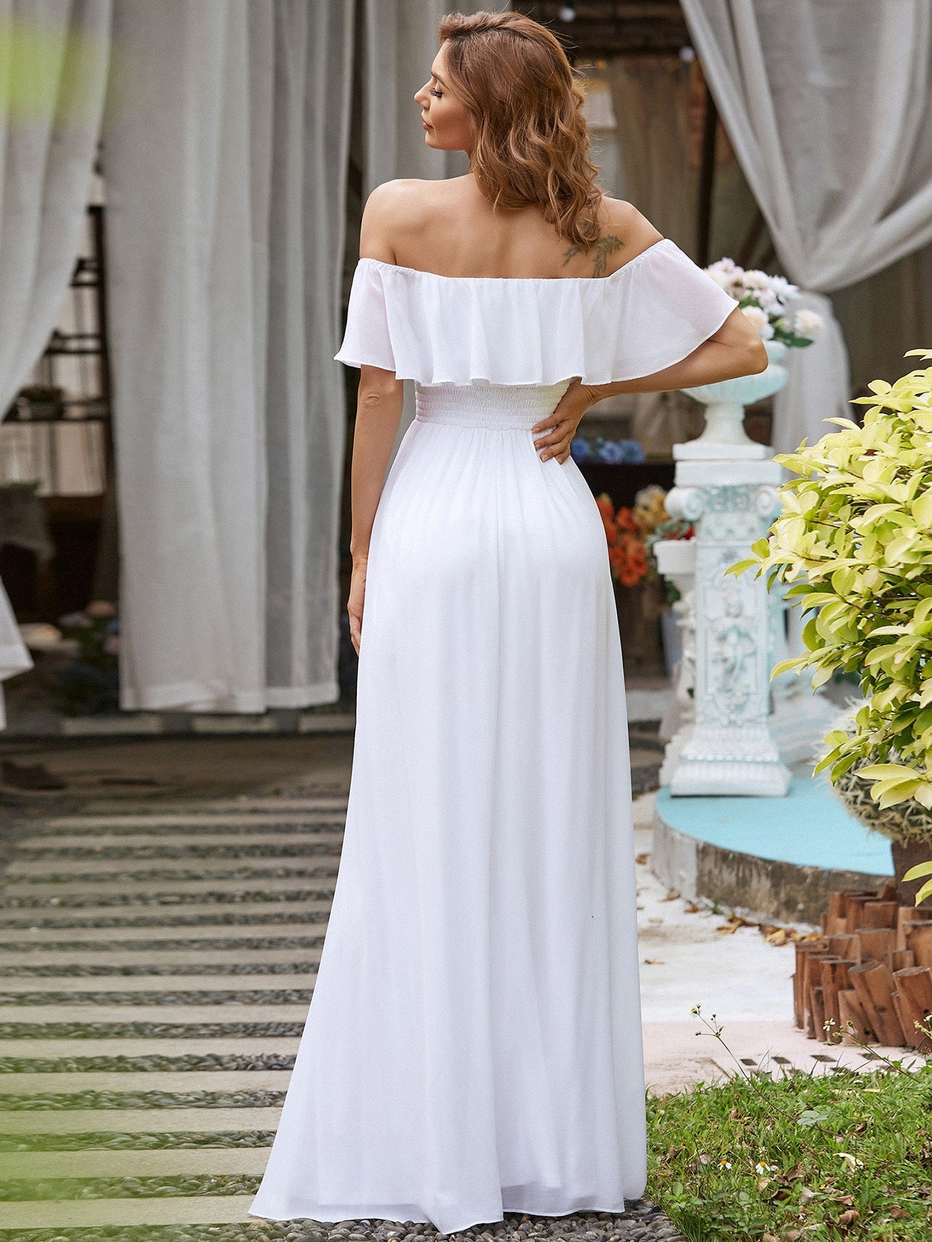 EVER-PRETTY Ruffle Off Shoulder Split Prom Dress