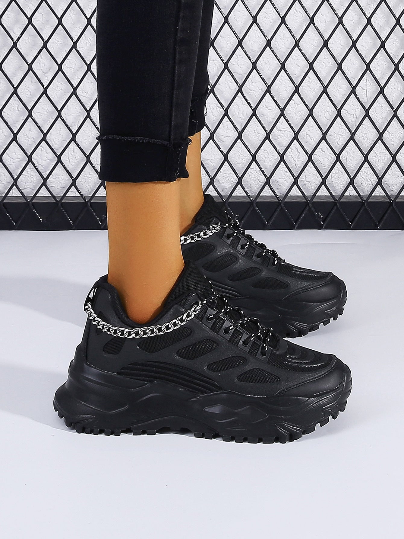 Chain Decor Lace-up Front Chunky Sneakers, Women's Chunky Sneakers With Black And Silver Colorblock, Metallic Chains & Solid Color