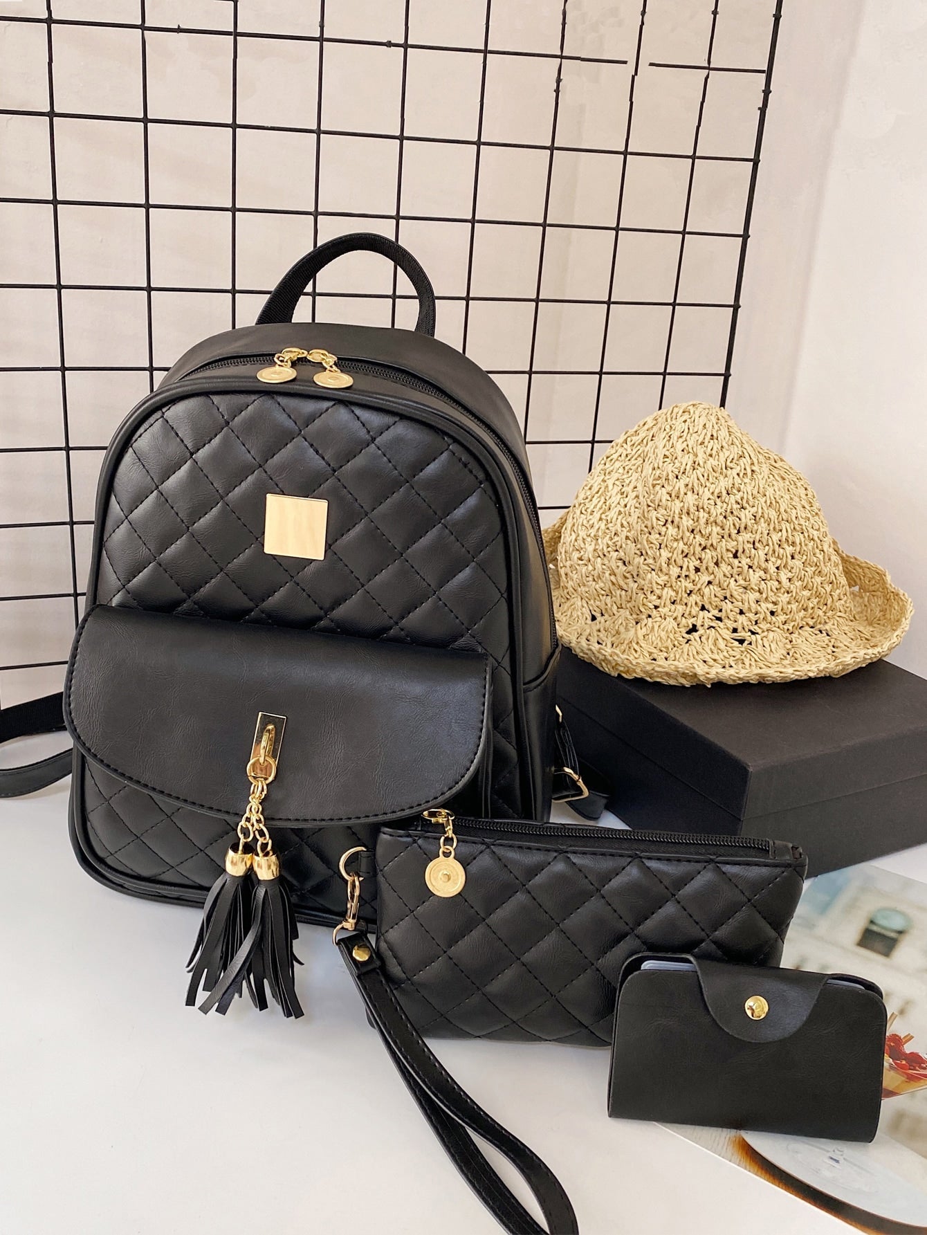 Trendy Argyle Quilted Backpack Tassel Decor Knapsack with Makeup Bag and Coin Bag Perfect Daypack for Everyday Use. 3pcs Tassel Decor Argyle Quilted Classic Backpack Set