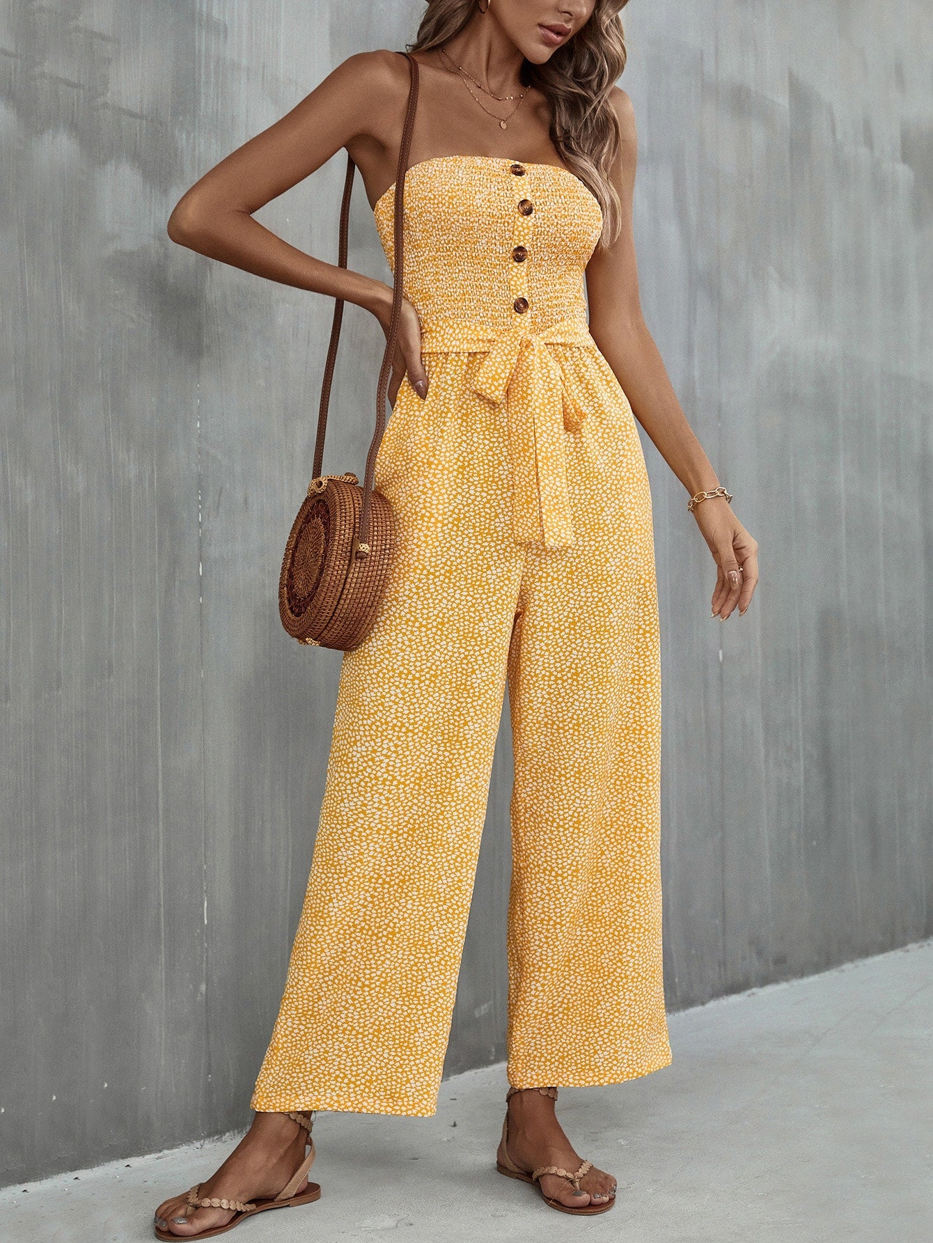 VCAY Allover Print Pocket Side Belted Tube Jumpsuit