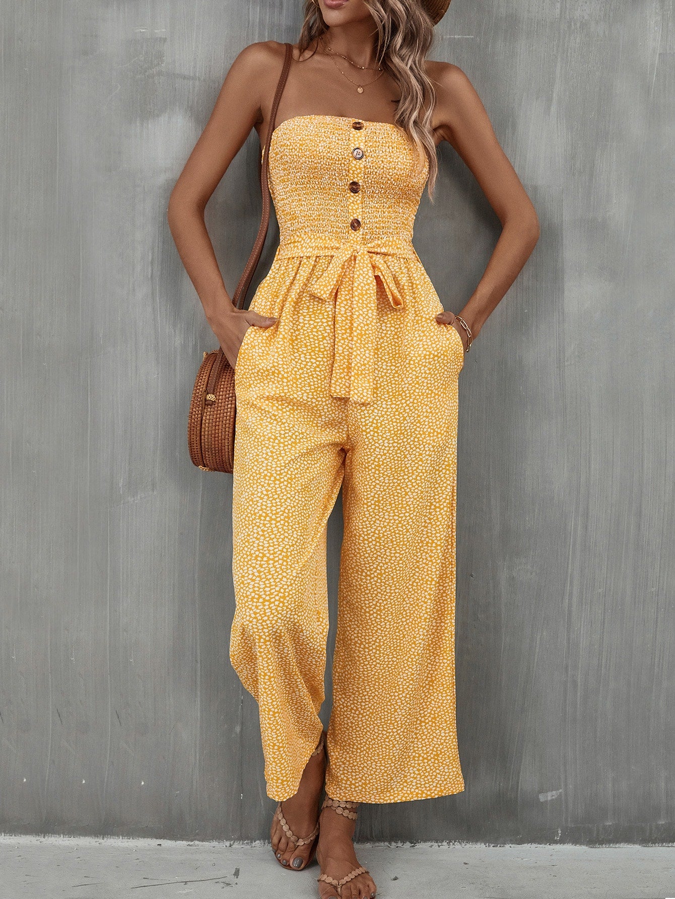 VCAY Allover Print Pocket Side Belted Tube Jumpsuit