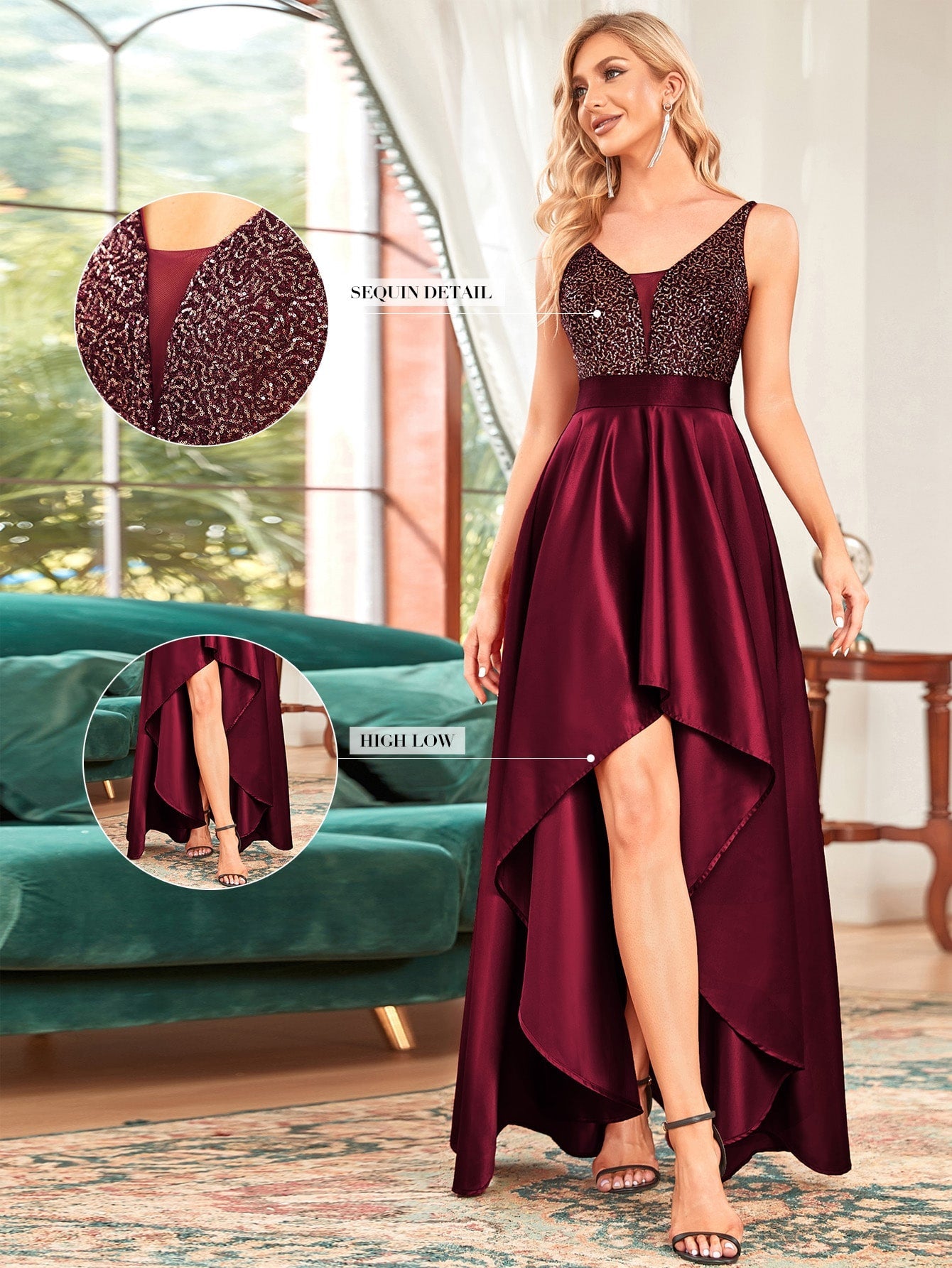 EVER-PRETTY Sequin Insert High Low Hem Chiffon Formal Dress