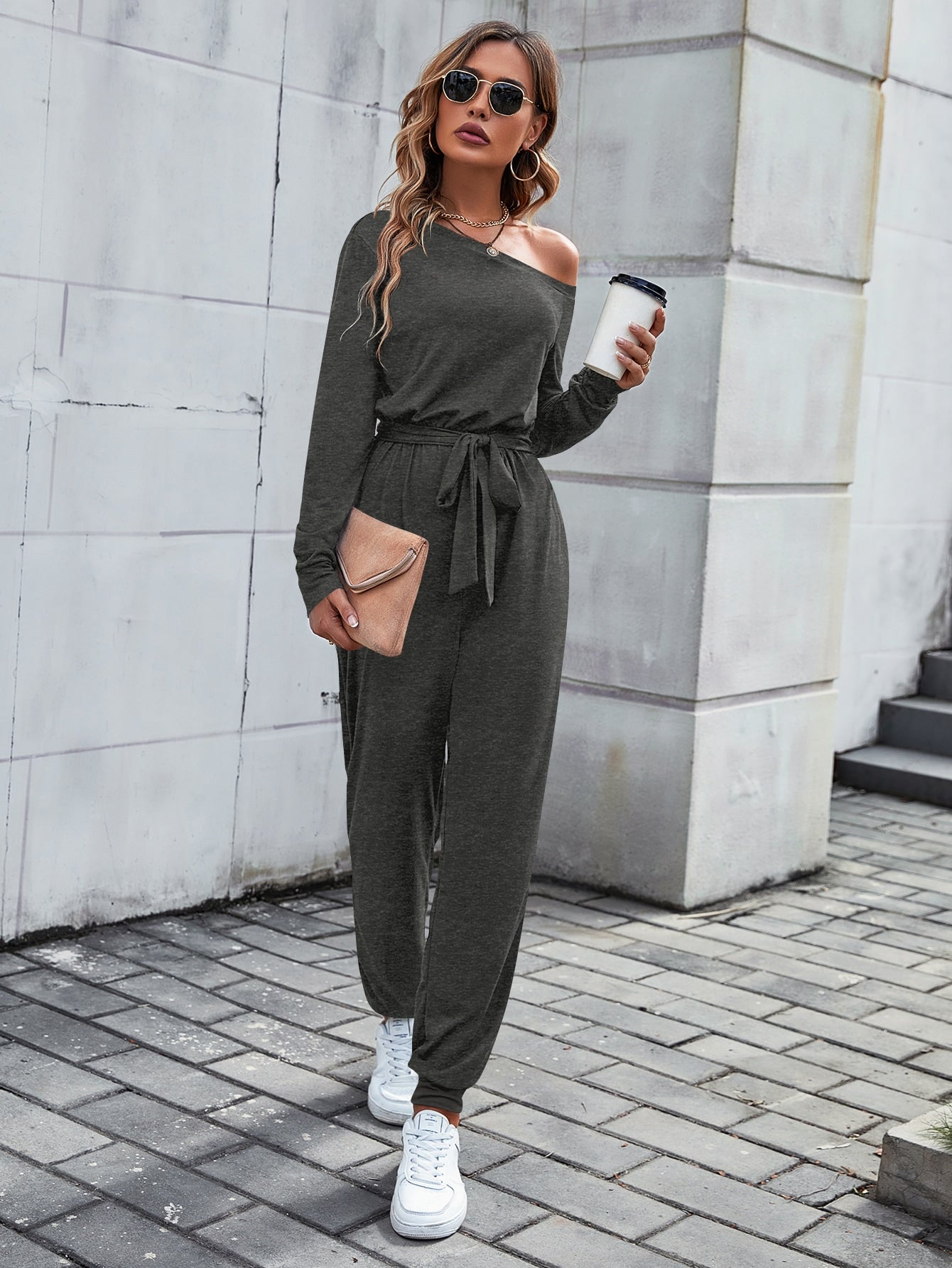 LUNE Solid Asymmetrical Neck Belted Jumpsuit