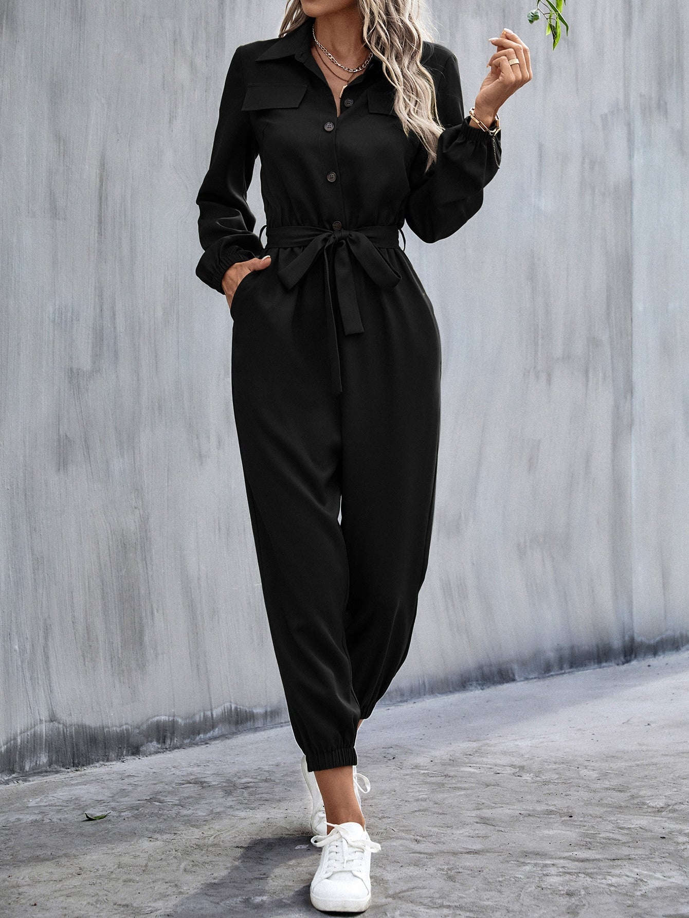 LUNE Button Front Belt Jumpsuit