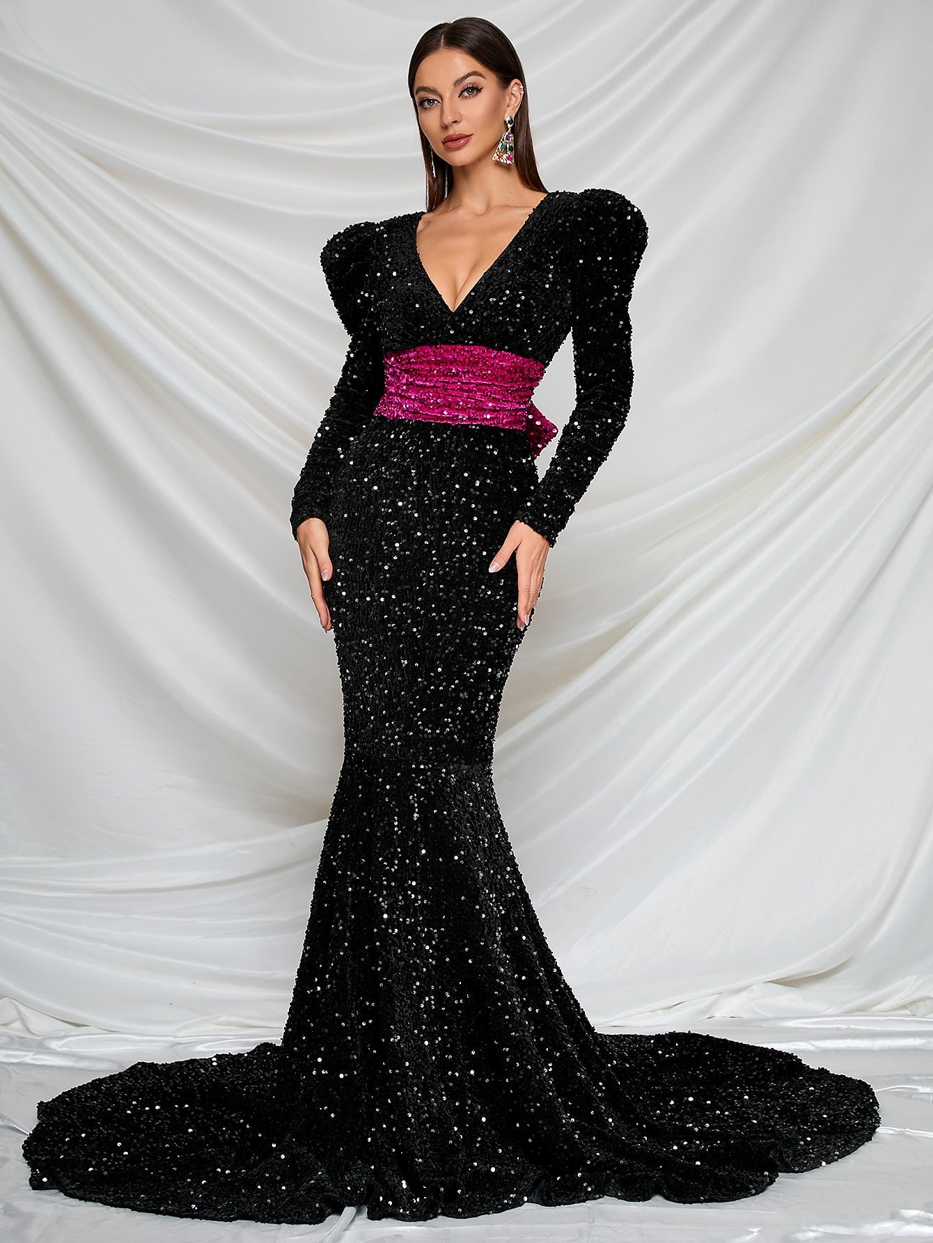 Deep V Neck Bow Back Sequin Floor Length Prom Dress